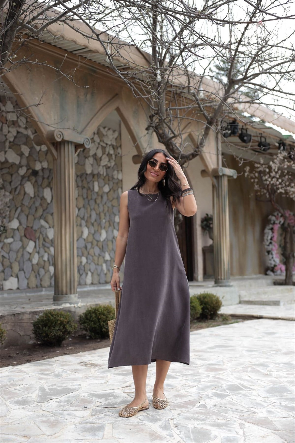 5007 Sıfır Kol Tencel Uzun Elbise MÜRDÜM