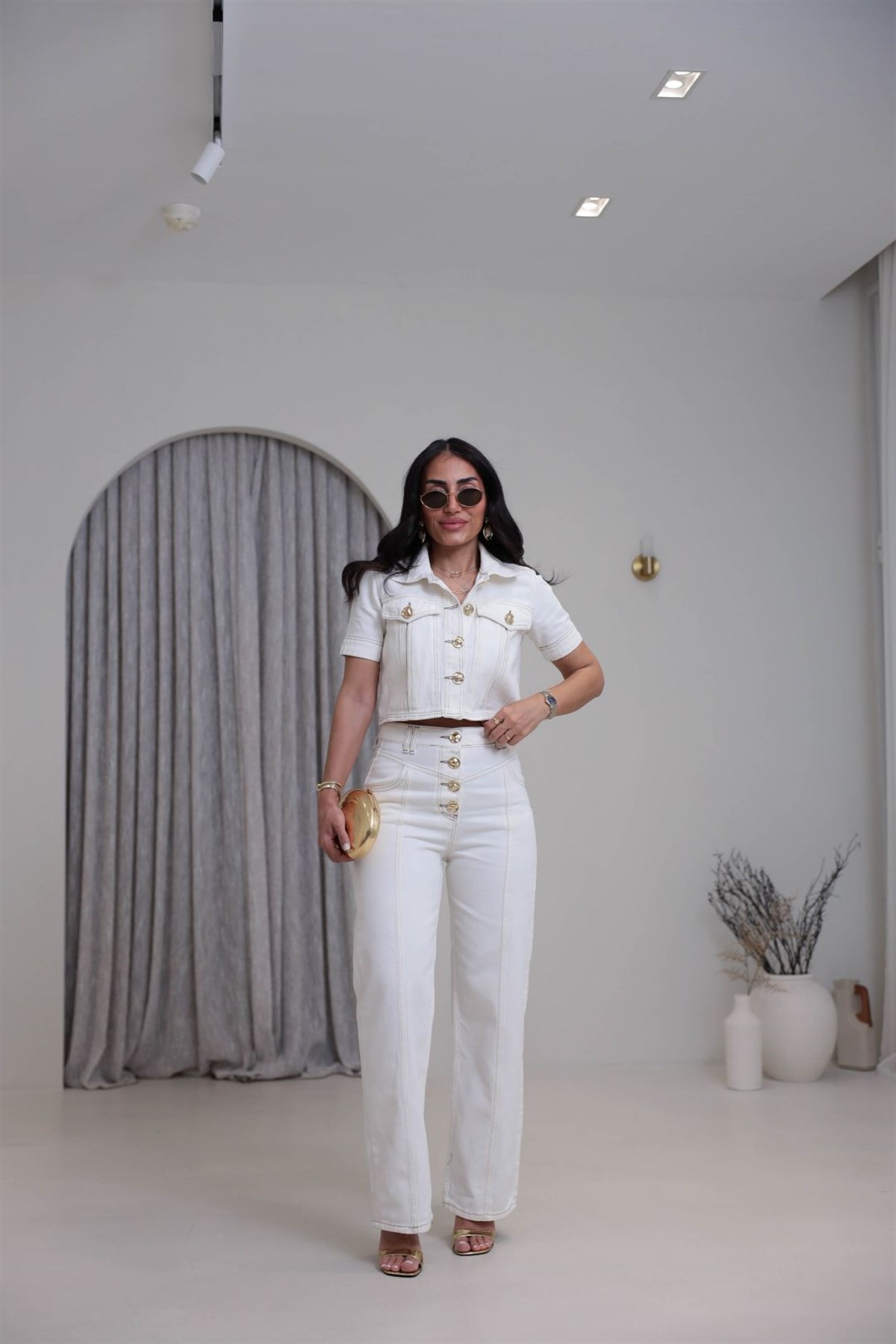 7410 Gold Düğmeli Denim Takım EKRU