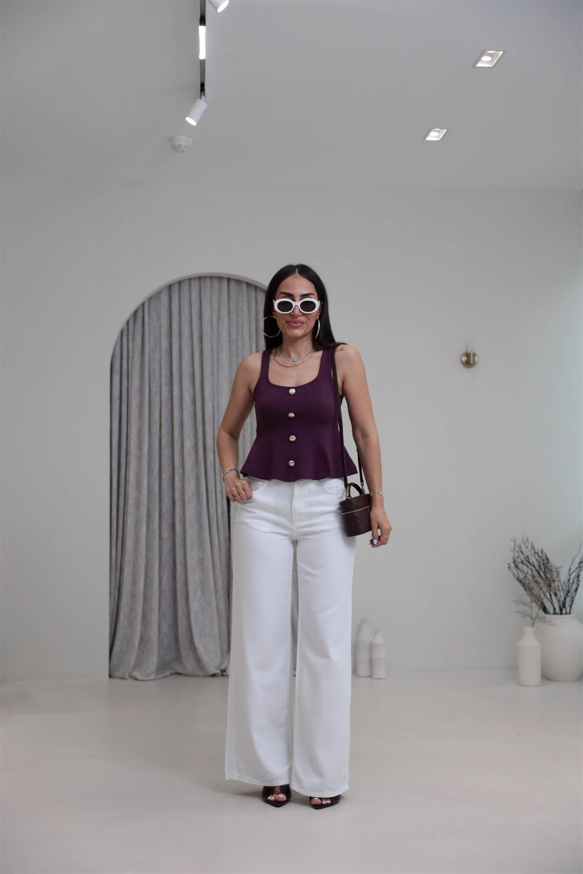 1979 Düğmeli Kare Yaka Peplum Bluz MÜRDÜM