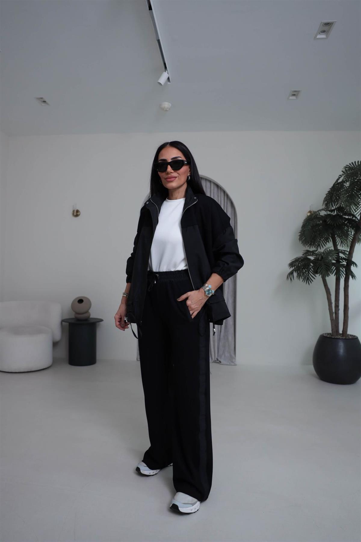 3601 Fermuarlı Büzgülü Paraşüt Garnili Takım SİYAH