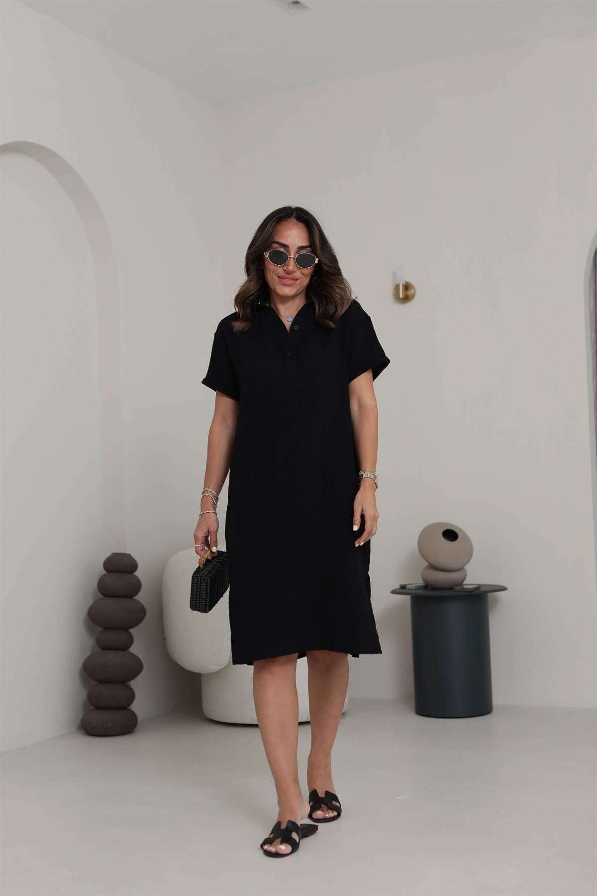 70222 Müslin Kısa Kollu Elbise SİYAH