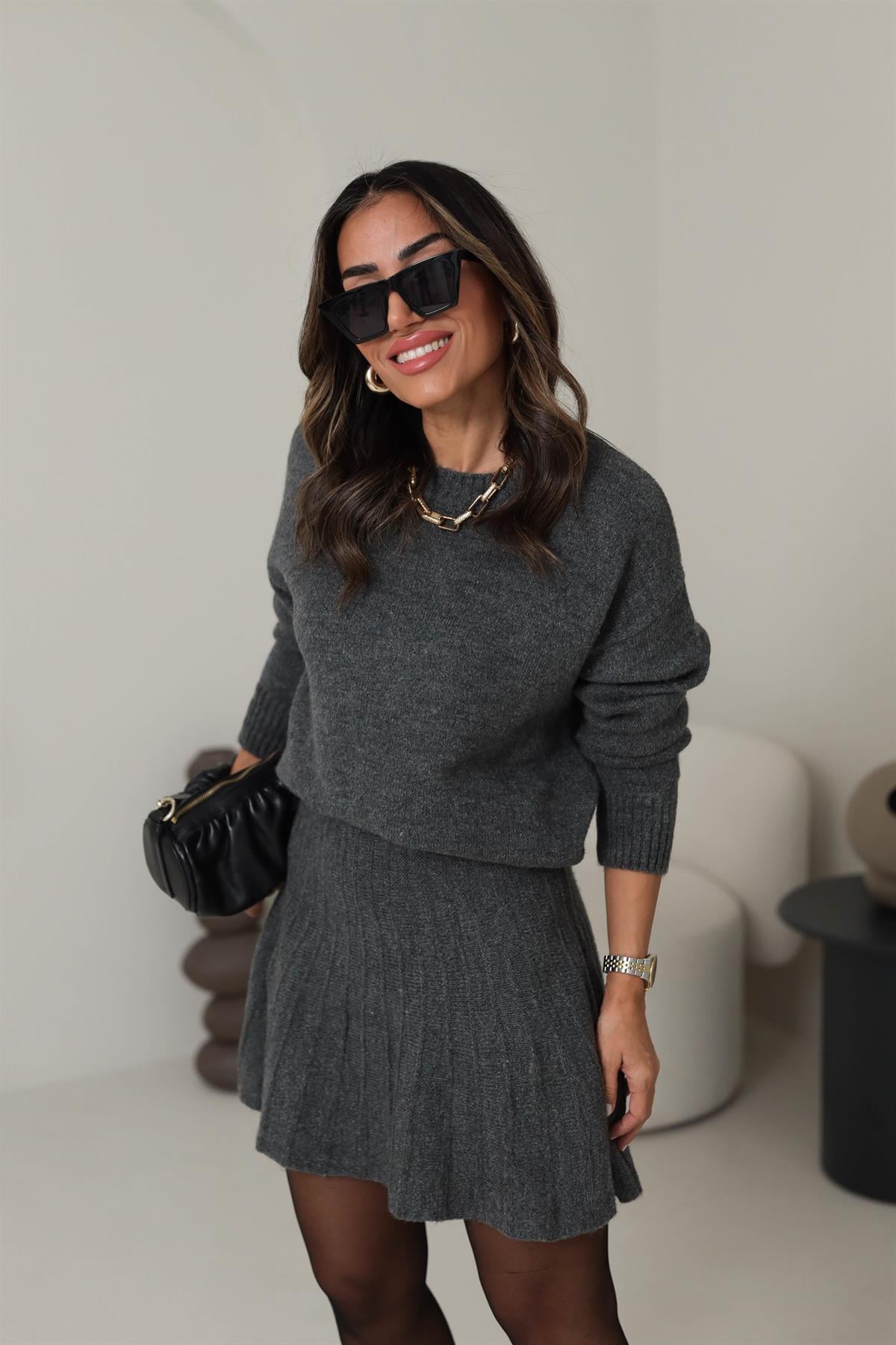 5157 Bisiklet Yaka Kazaklı Etekli Takım ANTRASİT