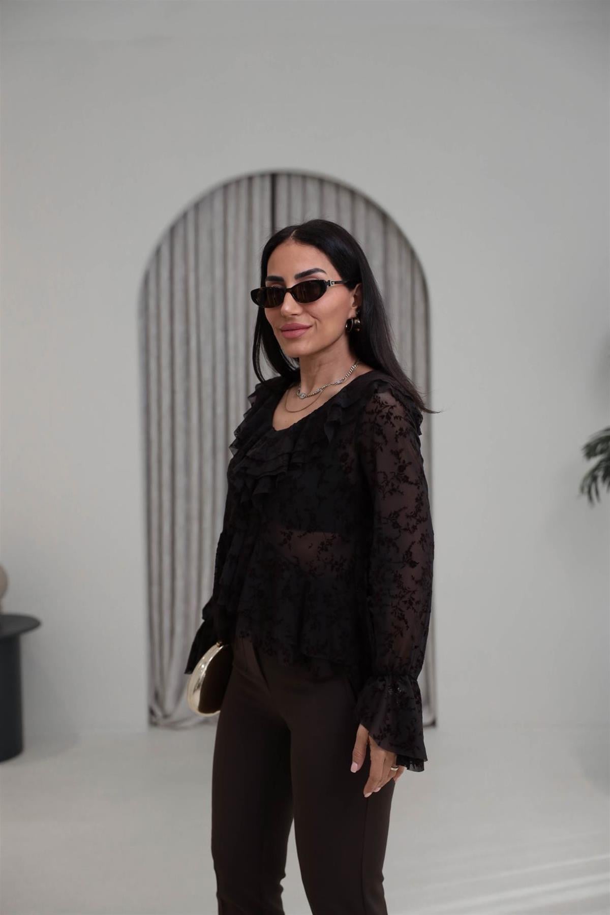 1110 Kadife Baskılı Fırfırlı Tül Bluz KAHVE