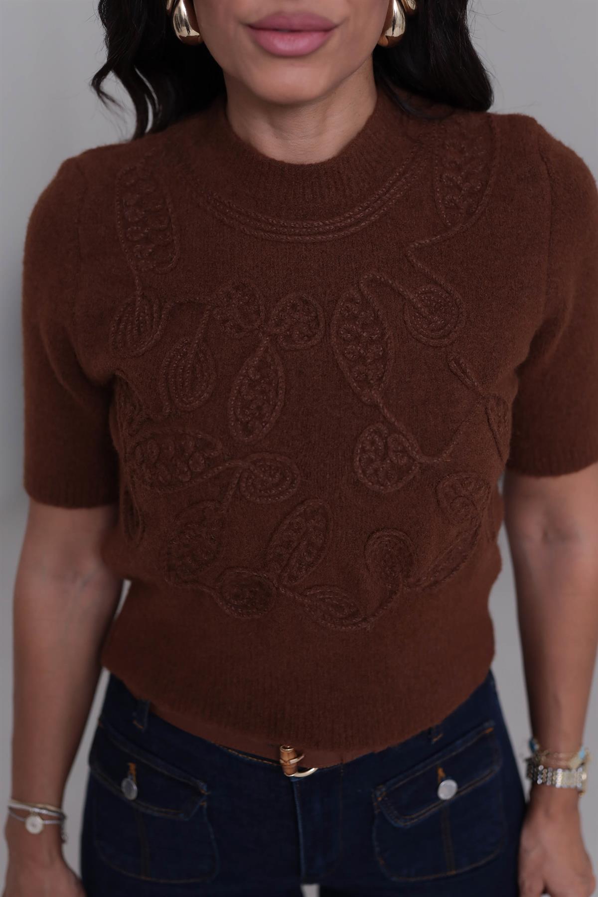 5021 Bisiklet Yaka İşleme Detaylı Kısa Kol Triko KAHVE