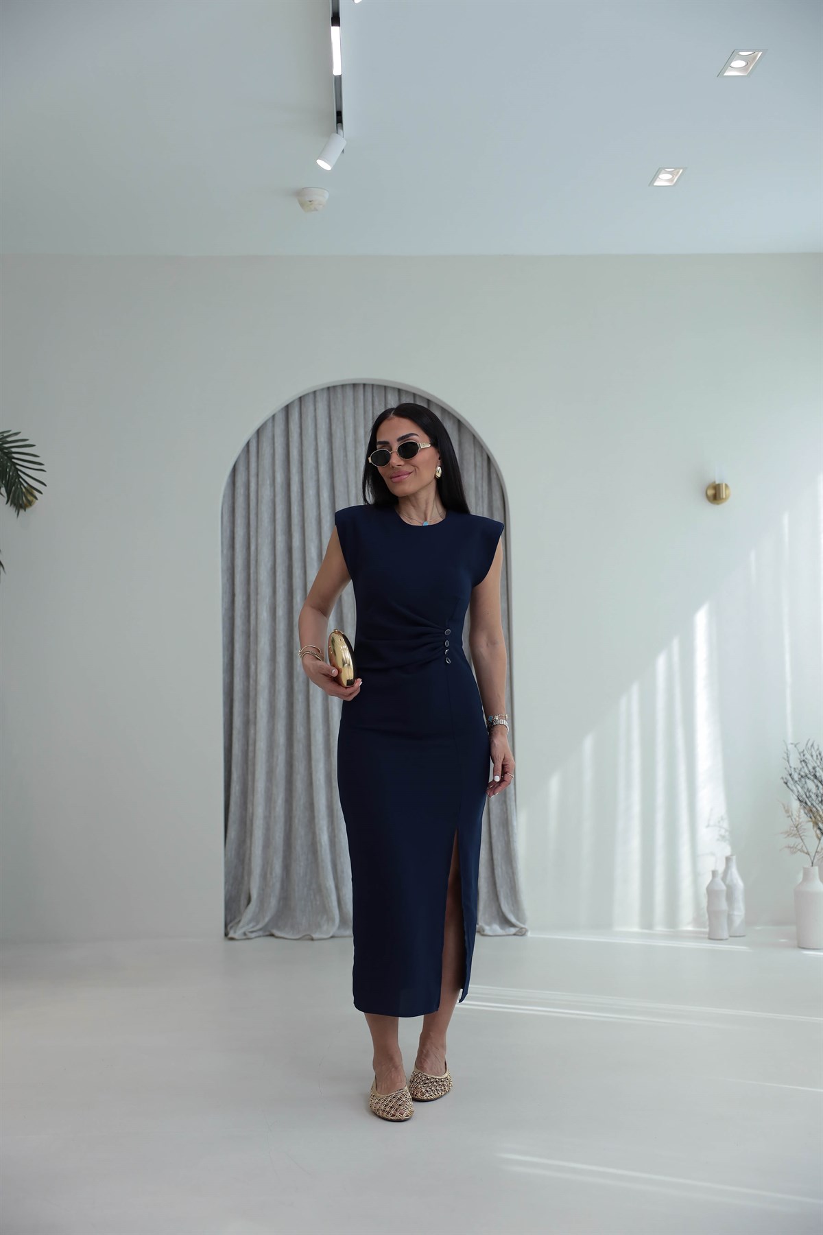 3870 Sıfır Kol Vatkalı Drapeli Elbise LACİVERT