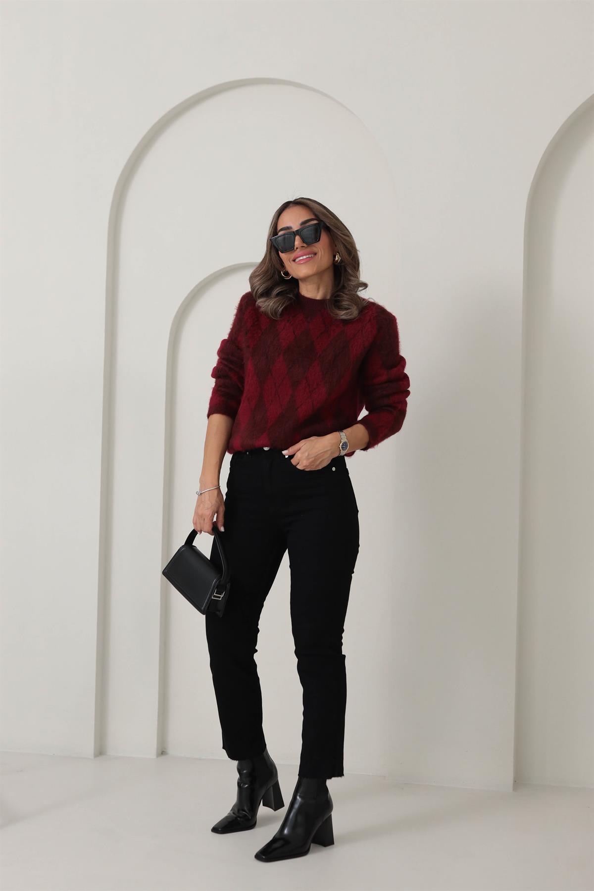 0118 Bisiklet Yaka Baklava Desenli Kazak