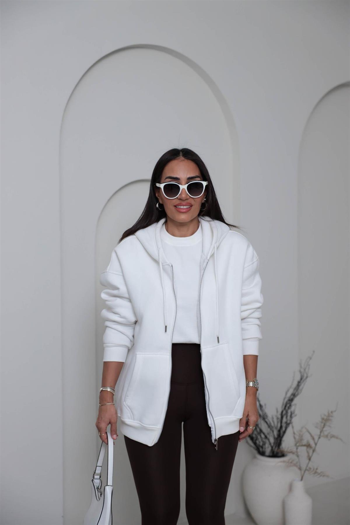 1003 3 İplik Şardonlu Kapşonlu Fermuarlı Ceket EKRU