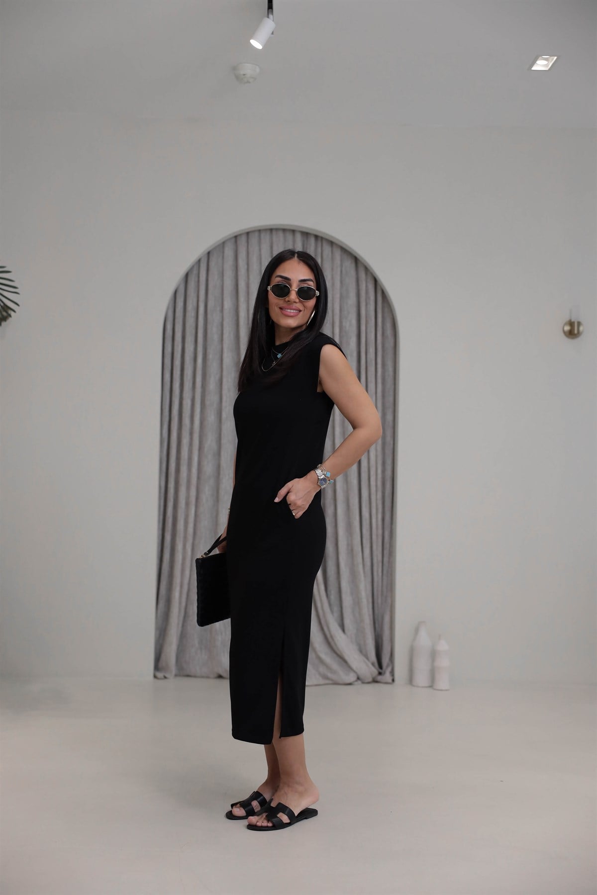 4254 Kol Detaylı Modal Rahat Elbise SİYAH