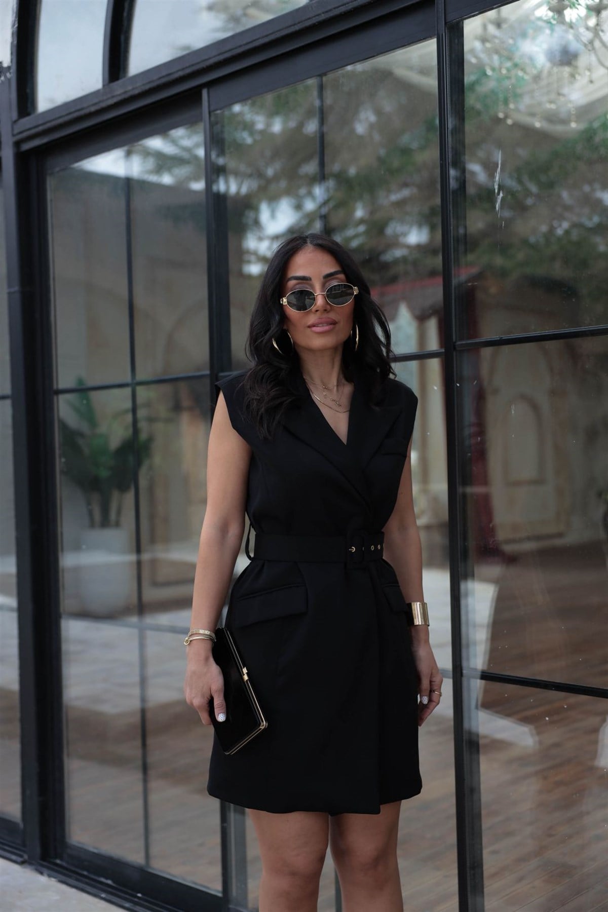 7281 Beli Kemerli Mini Elbise SİYAH