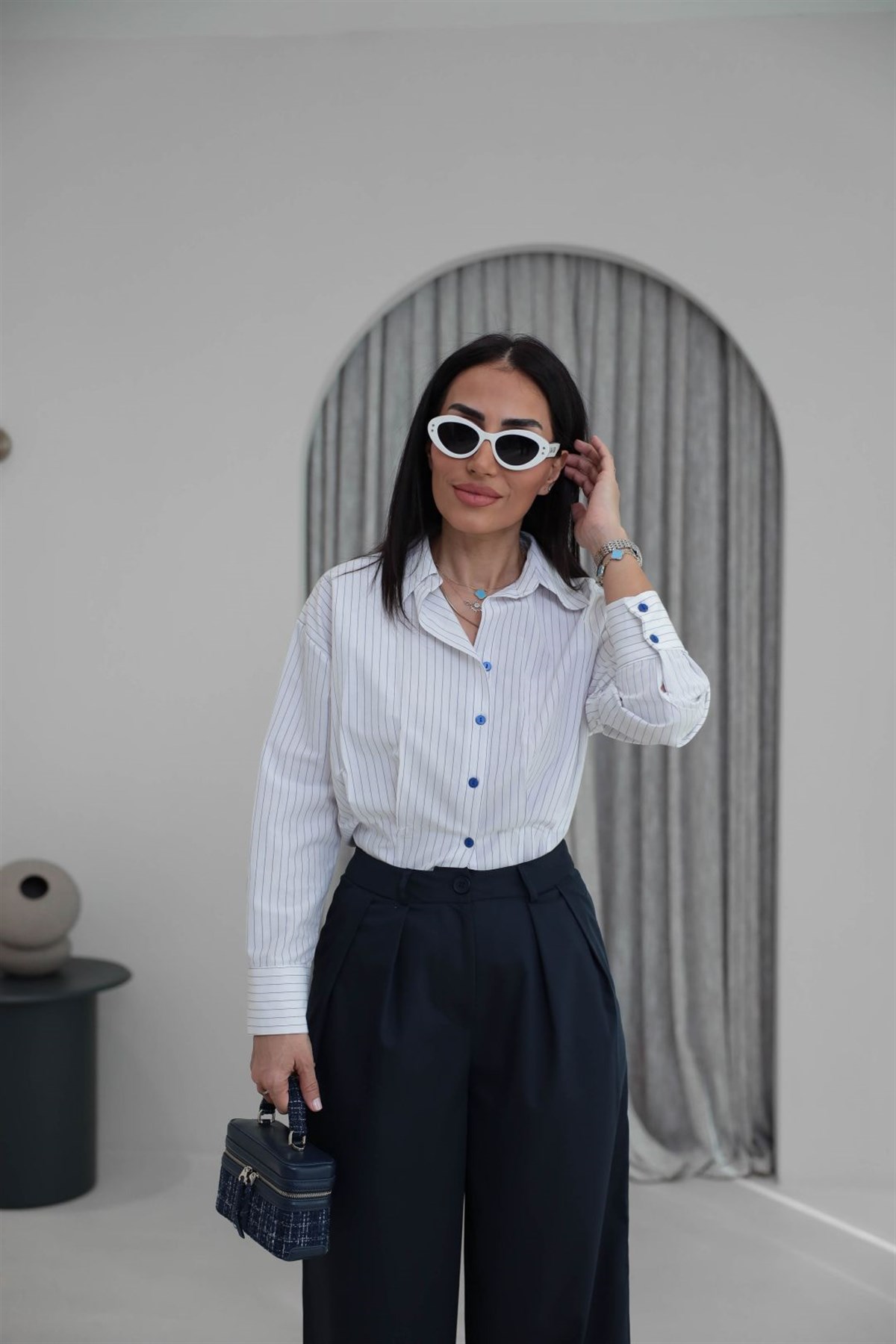 4531 Bel Pensli Çizgili Poplin Gömlek BEYAZ