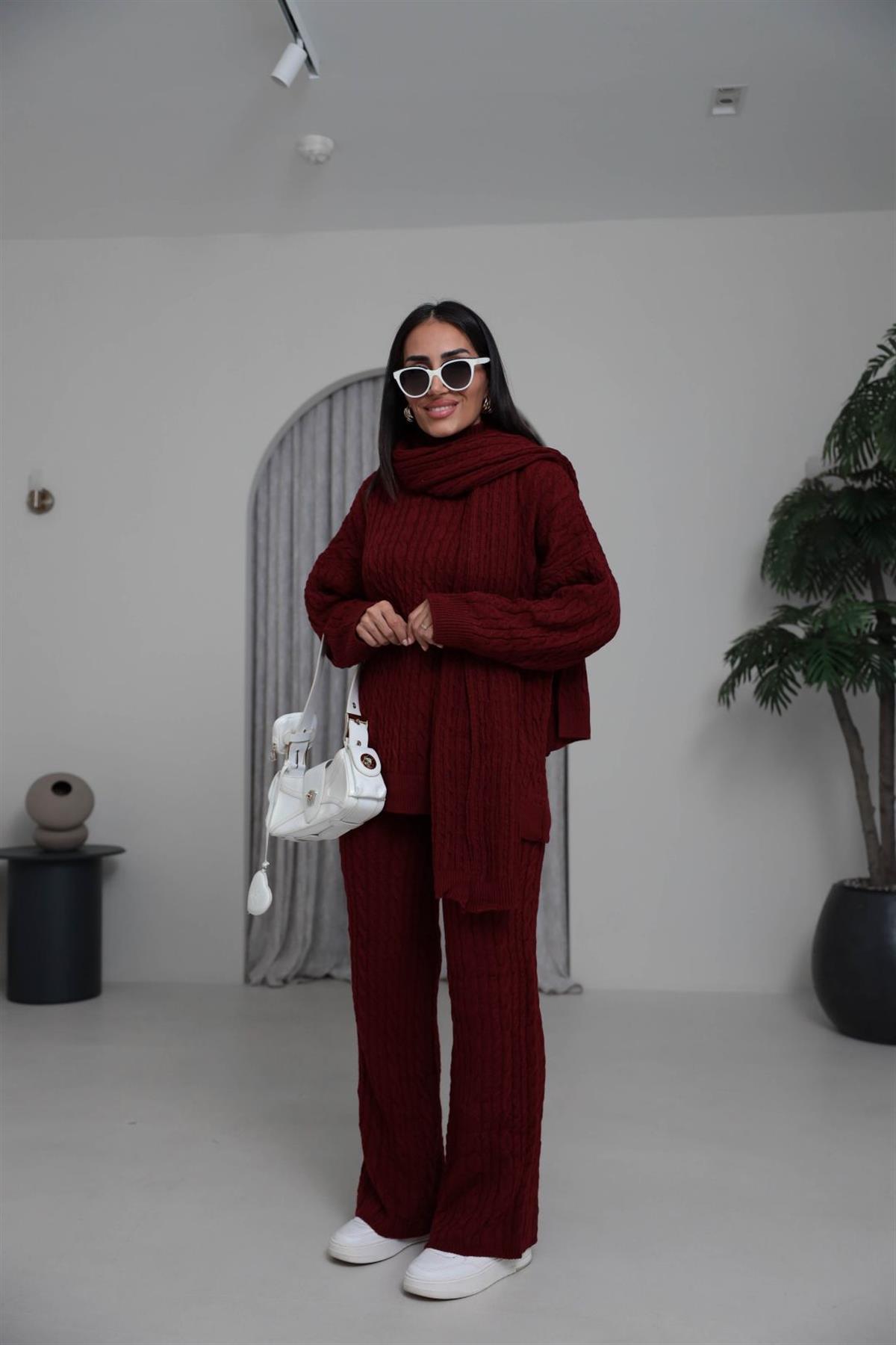 2464 Şal Detaylı Üçlü Triko Takım BORDO