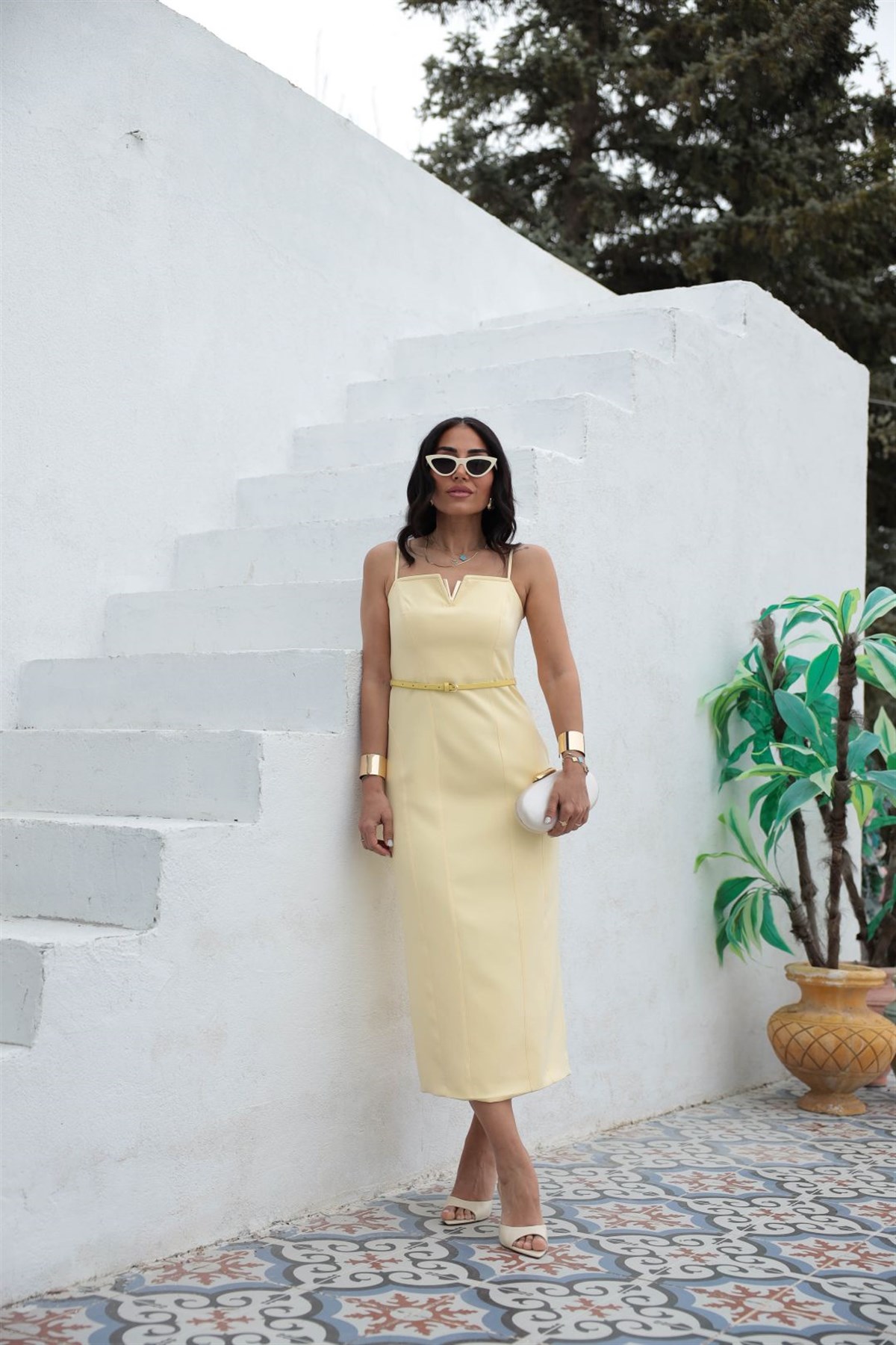 7304 Ayarlanabilir Askılı Gold Detaylı Elbise SARI