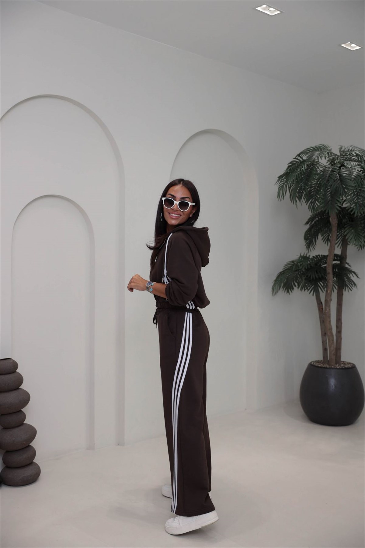 4285 Şerit Detaylı Fermuarlı Sweat Pantolon Takım KAHVE