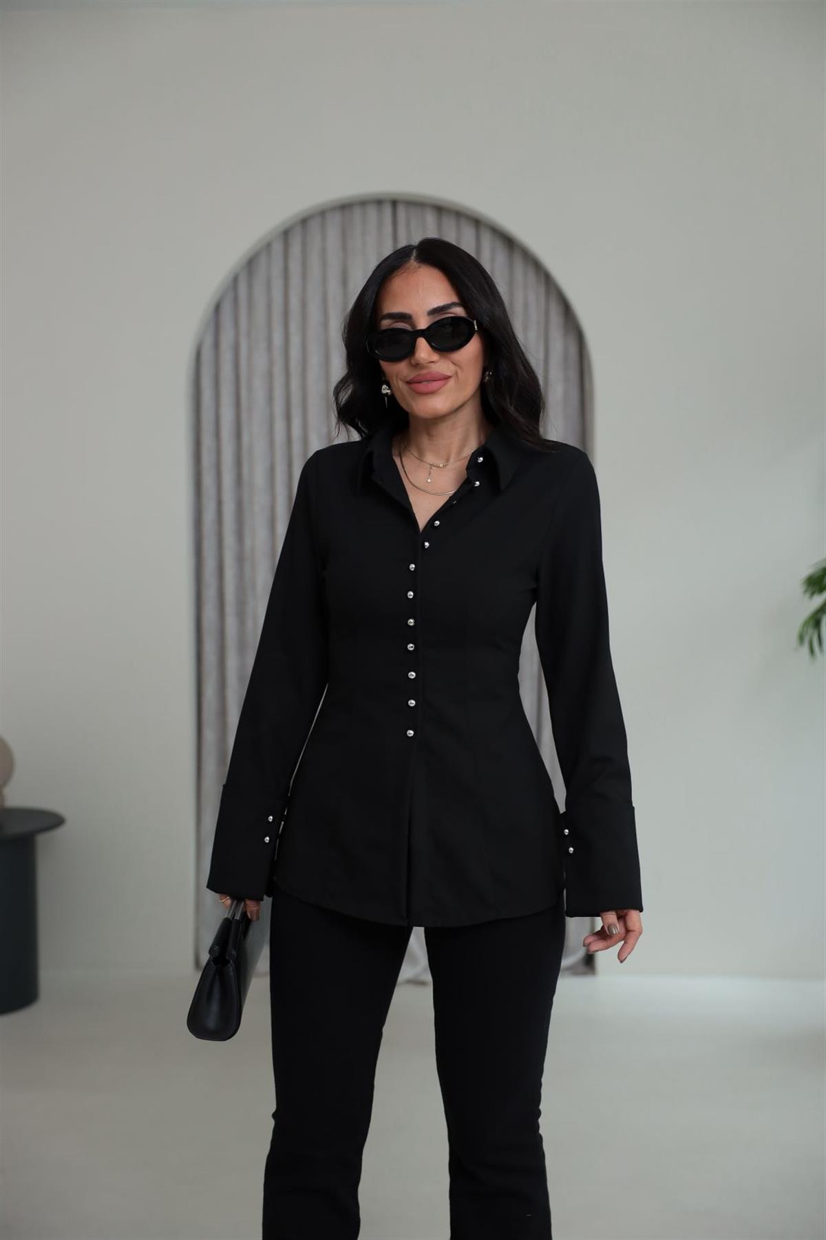 1289 Kol Manşetli Tasarım Gömlek SİYAH