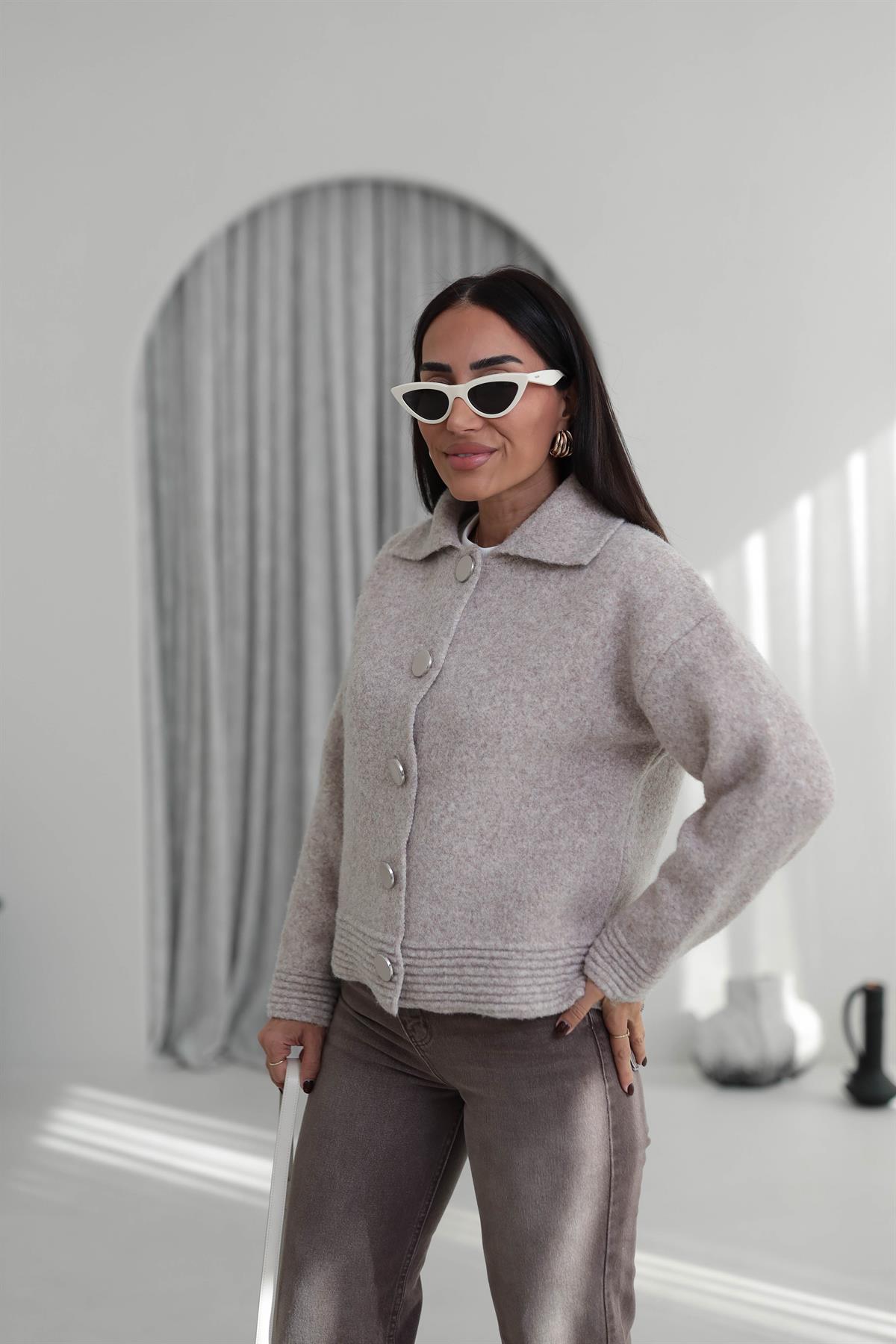 5086 Büyük Düğmeli Polo Yaka Hırka Ceket VİZON