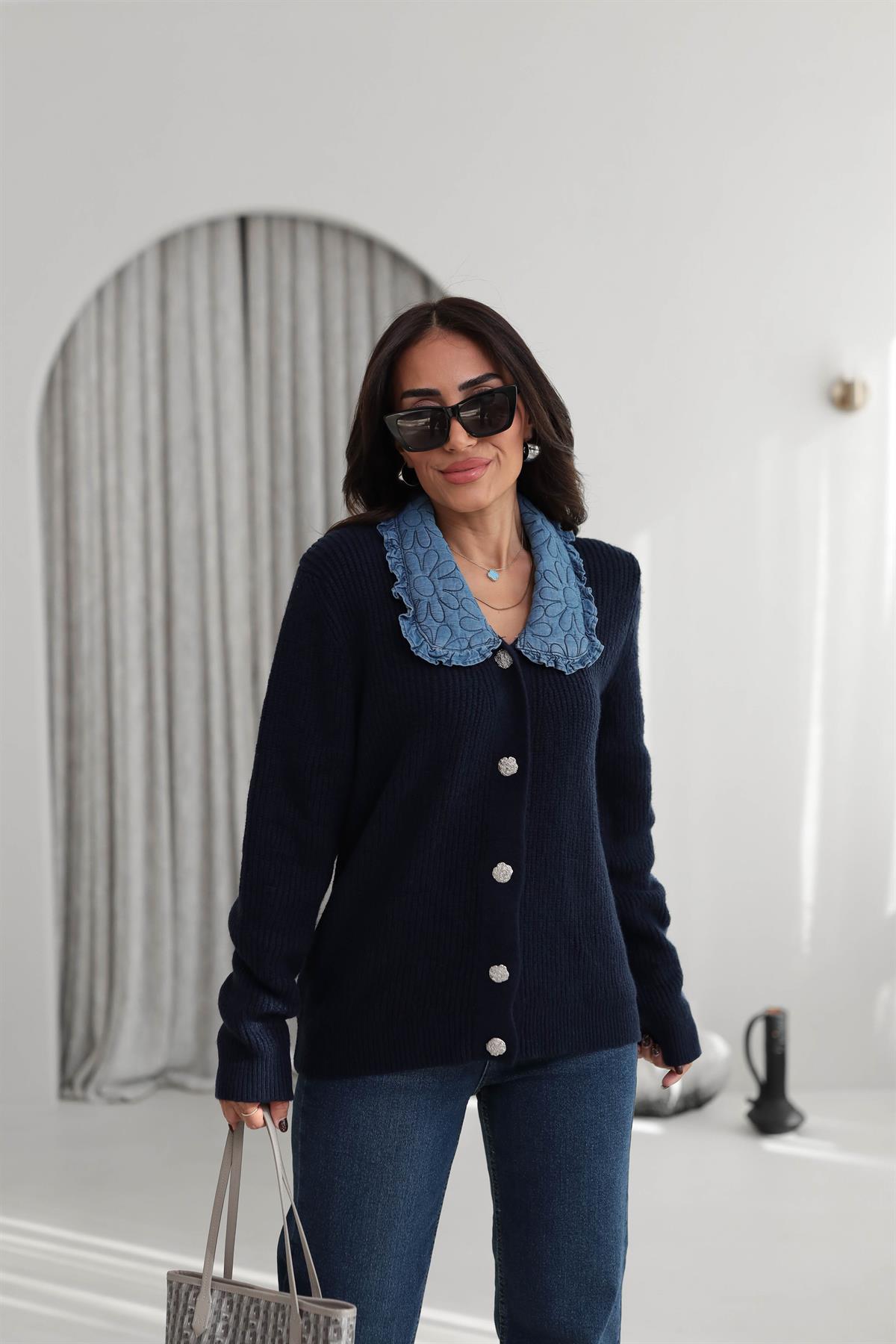 1105 Yakası Kapitone Kot Kumaş Detaylı Hırka LACİVERT