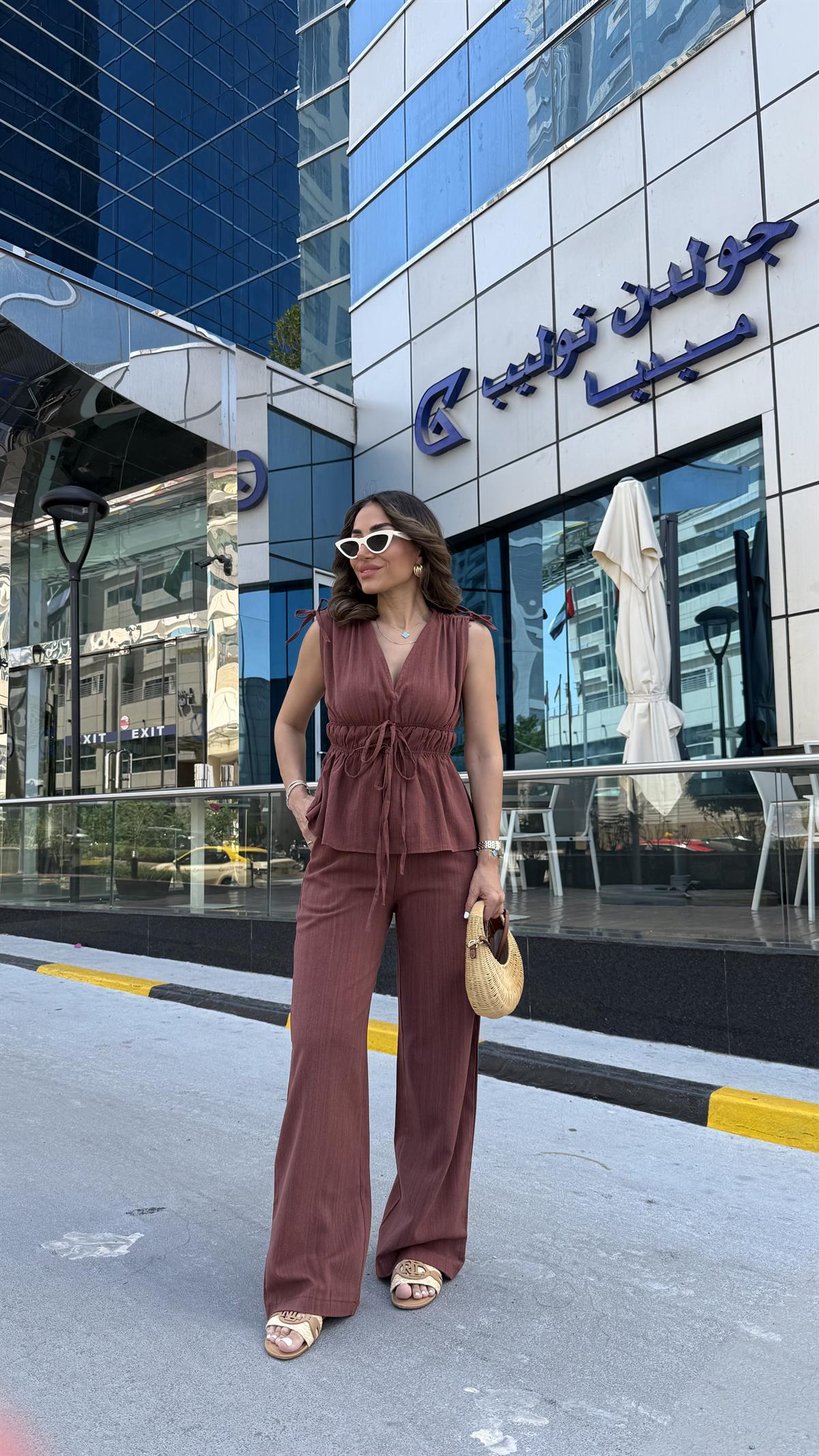 DXB Büzgü Detaylı Bel Lastikli Keten Takım KİREMİT