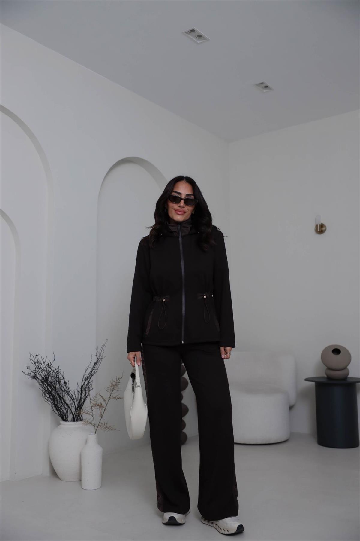 6933 Paraşüt Garnili Bel Lastikli Modal Takım KAHVE