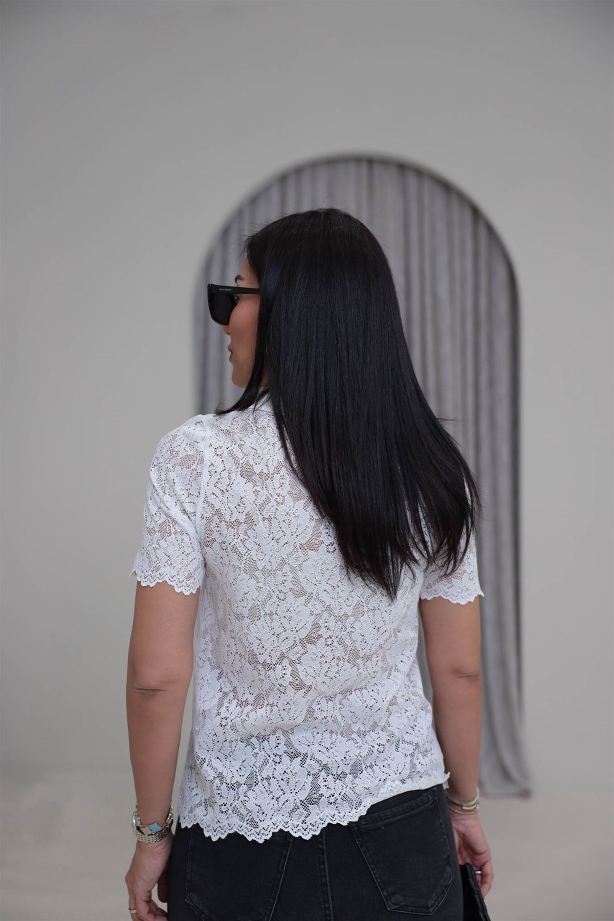 7370 Polo Yaka Düğmeli Dantel Tshirt EKRU