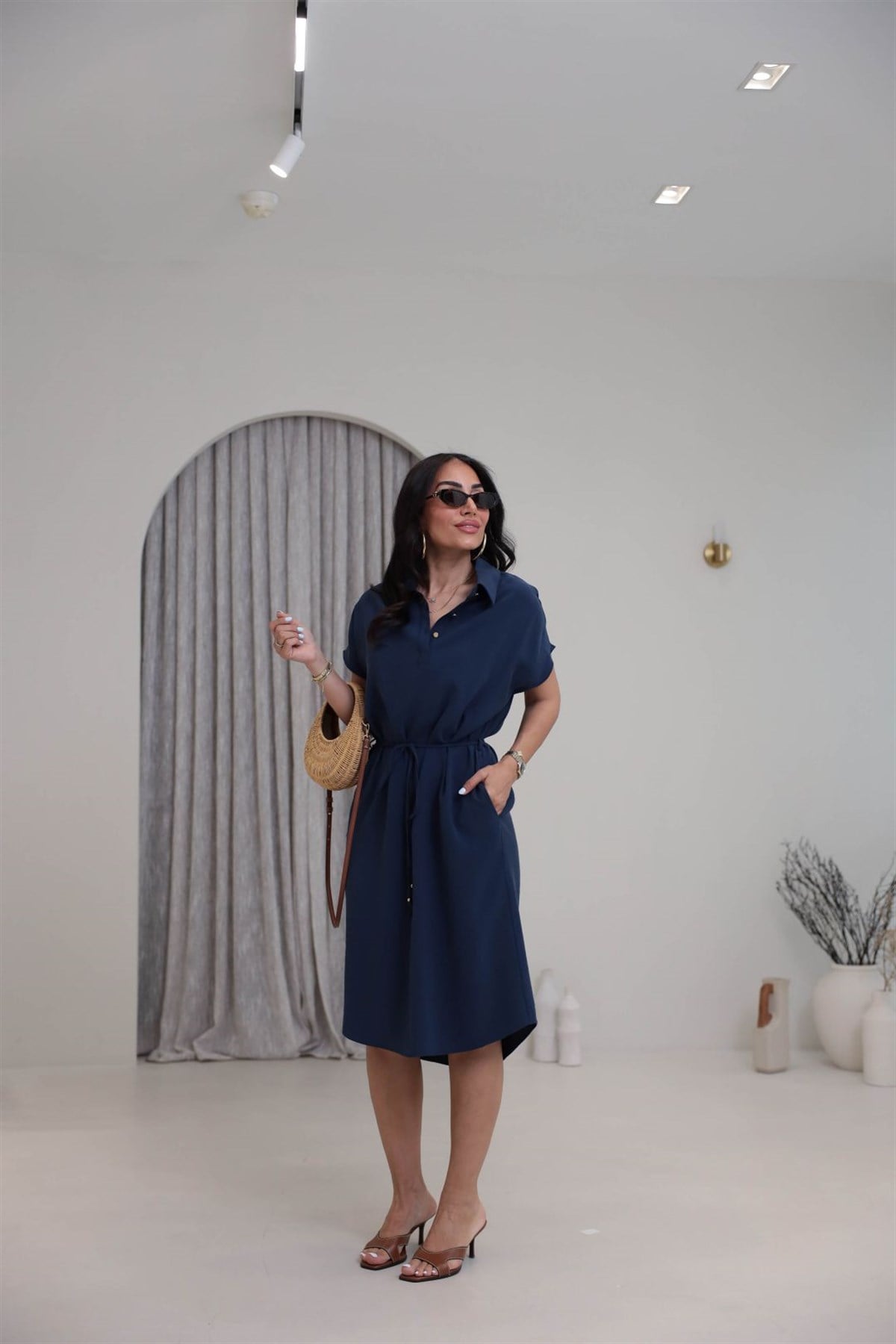 7541 Polo Yaka Tencel Kumaş Elbise LACİVERT