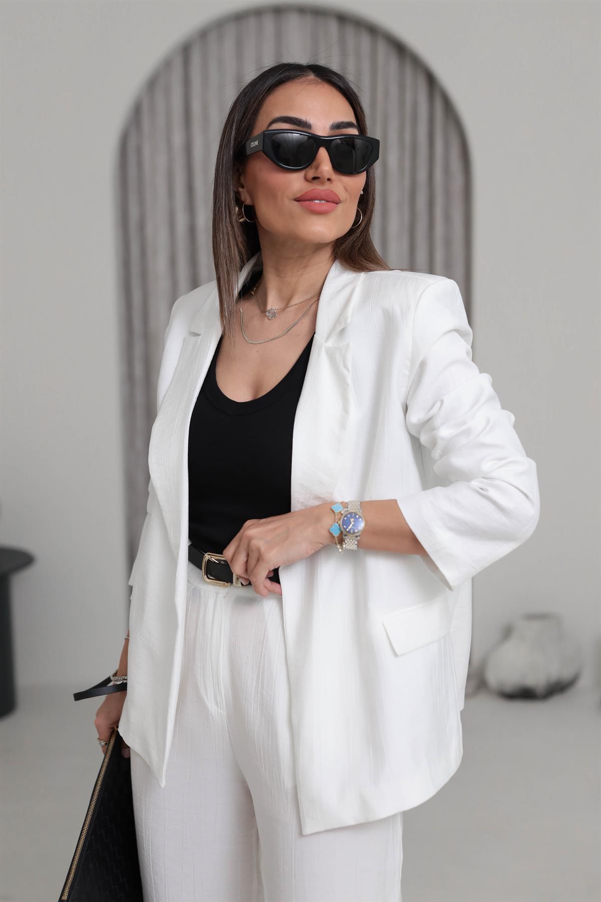 50178 Aeronbin Kol Katlamalı Çizgili Blazer Ceket EKRU