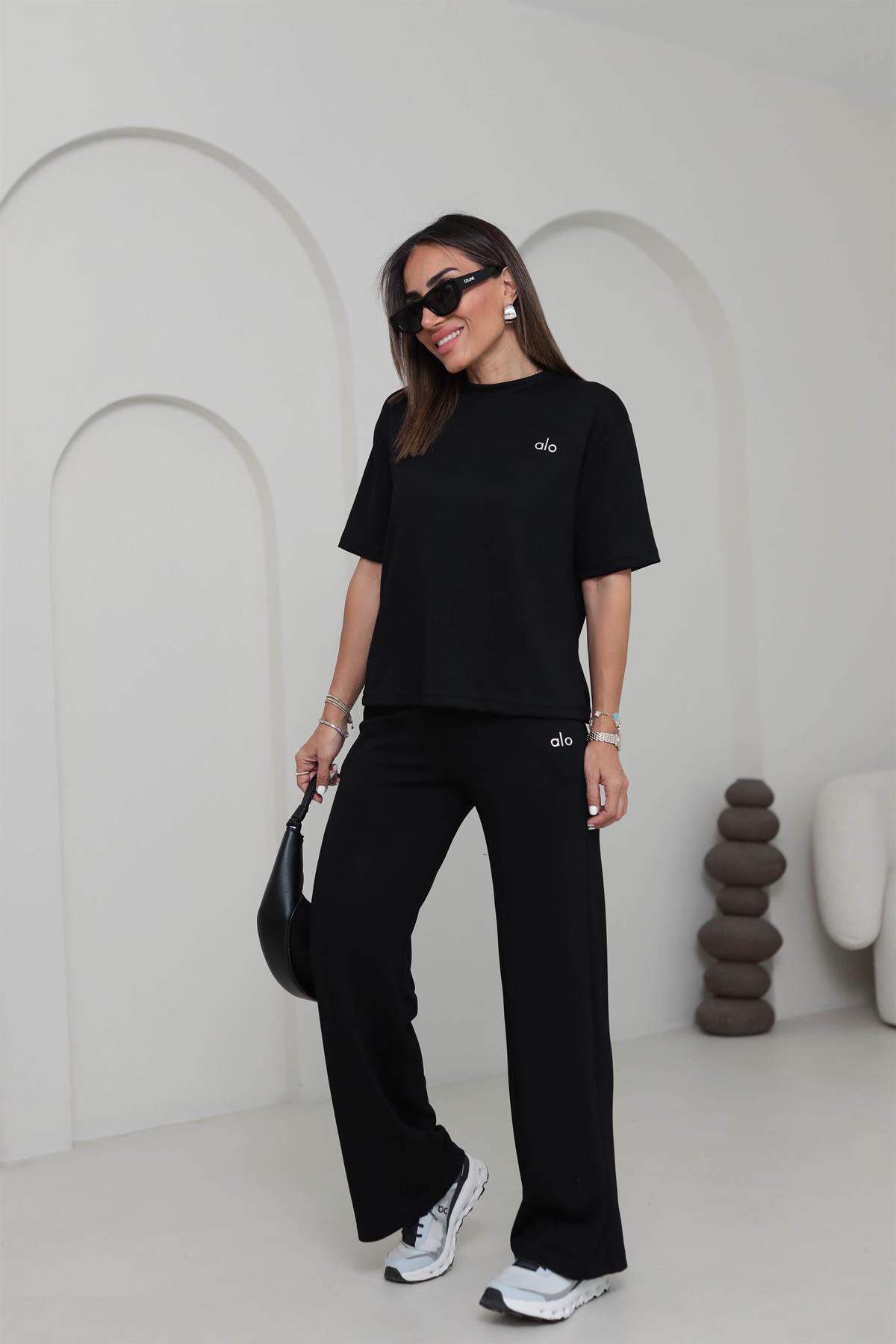 8511 Gümüş Yazı Baskılı Modal Kumaş Takım SİYAH