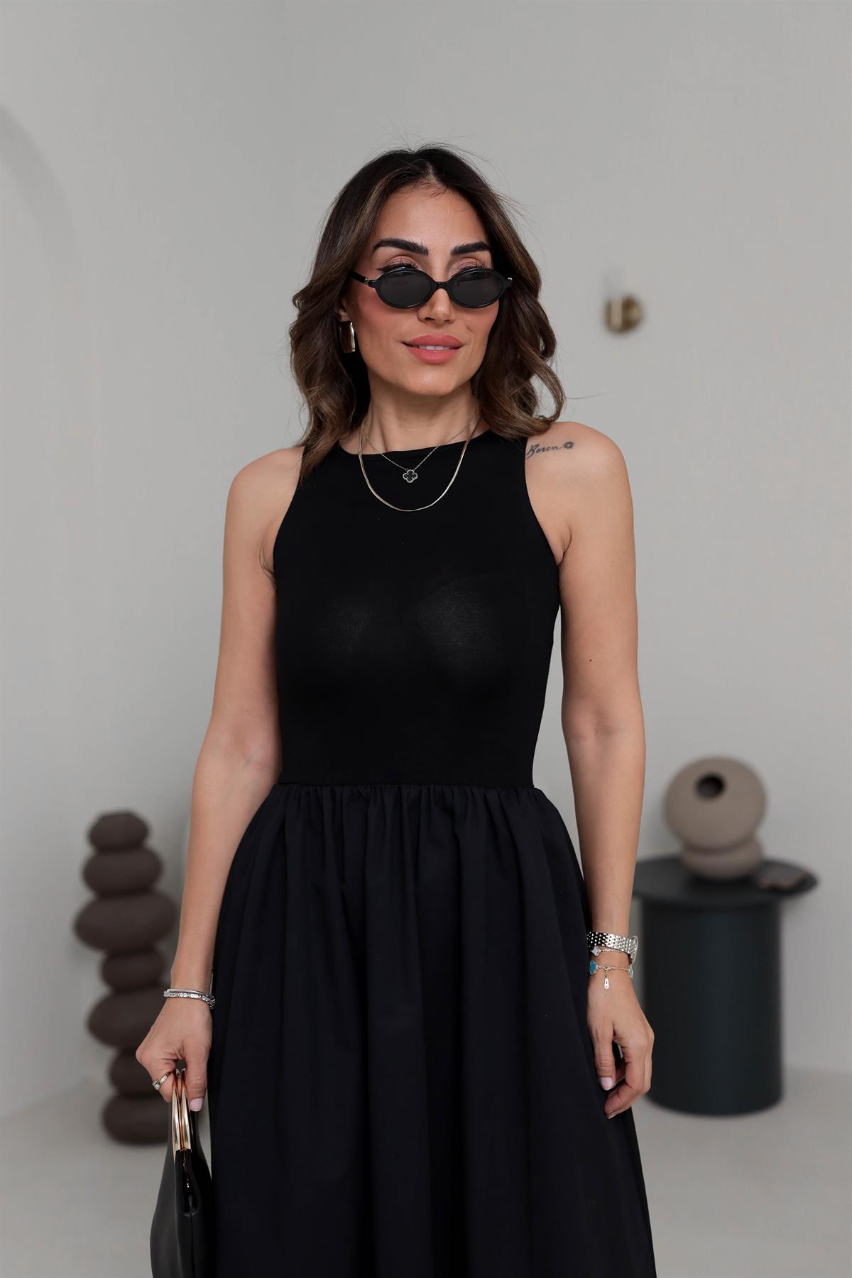 2068 Sıfır Kol Parçalı Poplin Elbise SİYAH