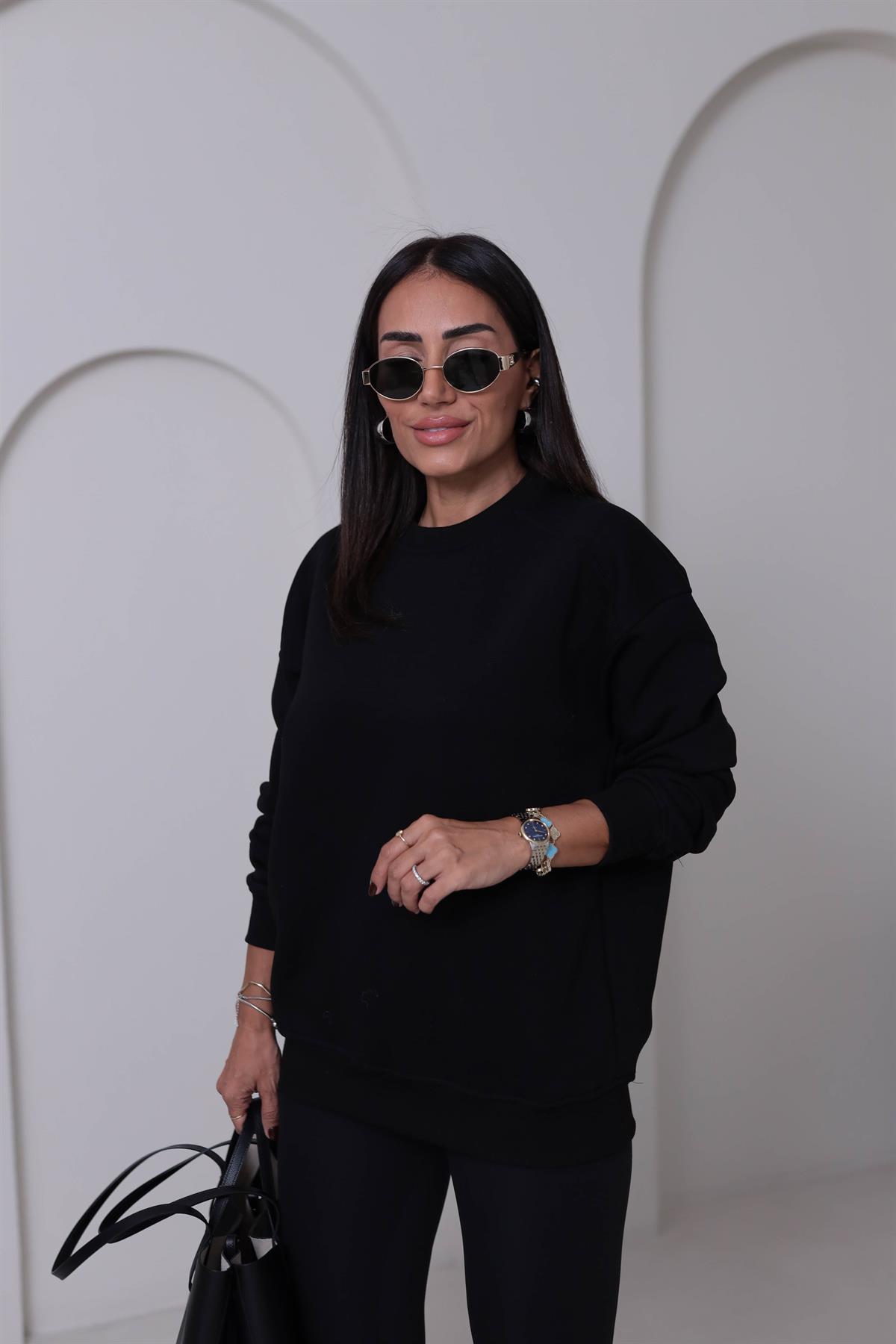 7912 Bisiklet Yaka Şardonlu Sweatshirt SİYAH