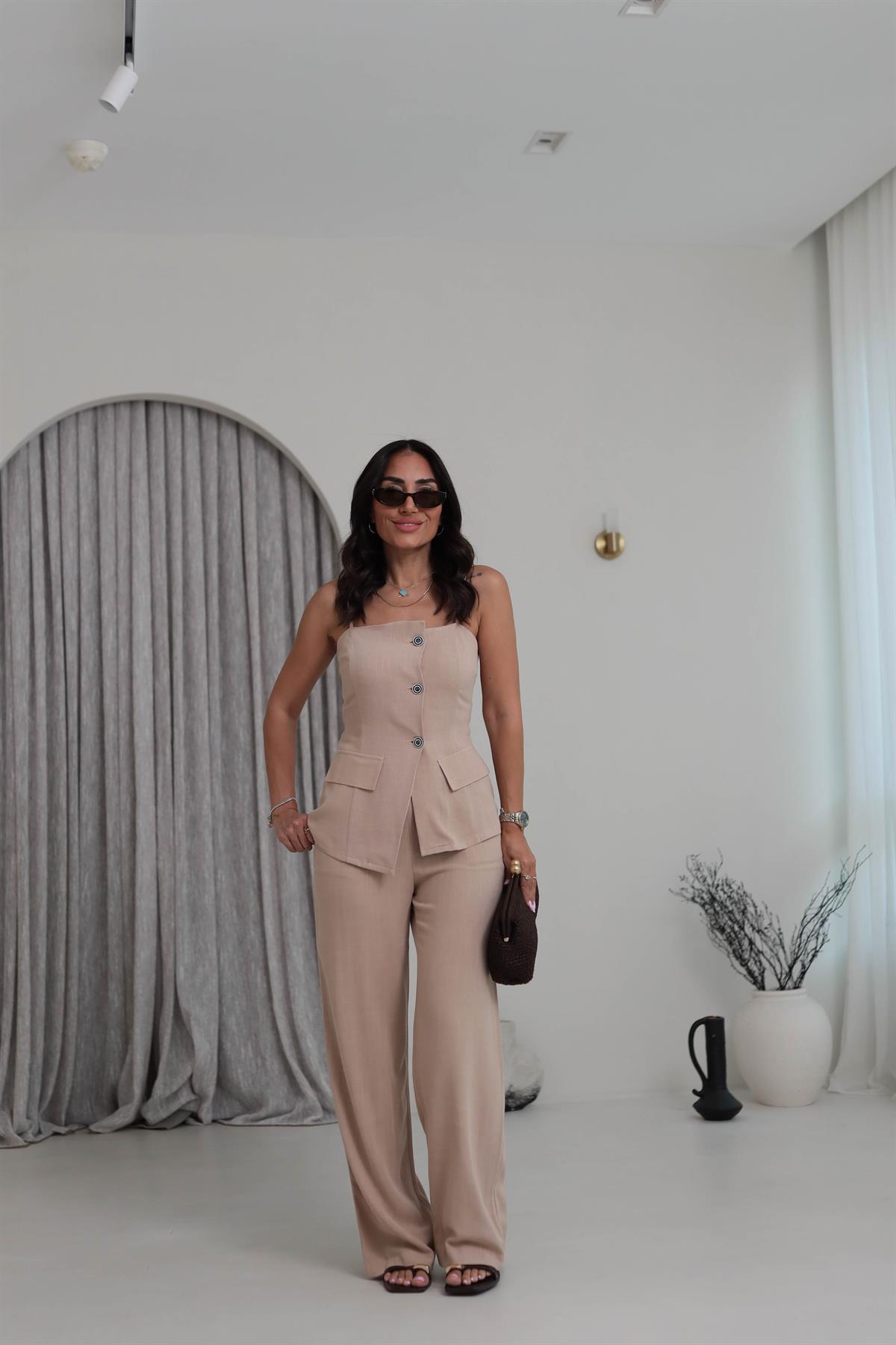 0288 Askıları Ayarlanabilir Tencel Keten Yelek & Pantolon Takım VİZON