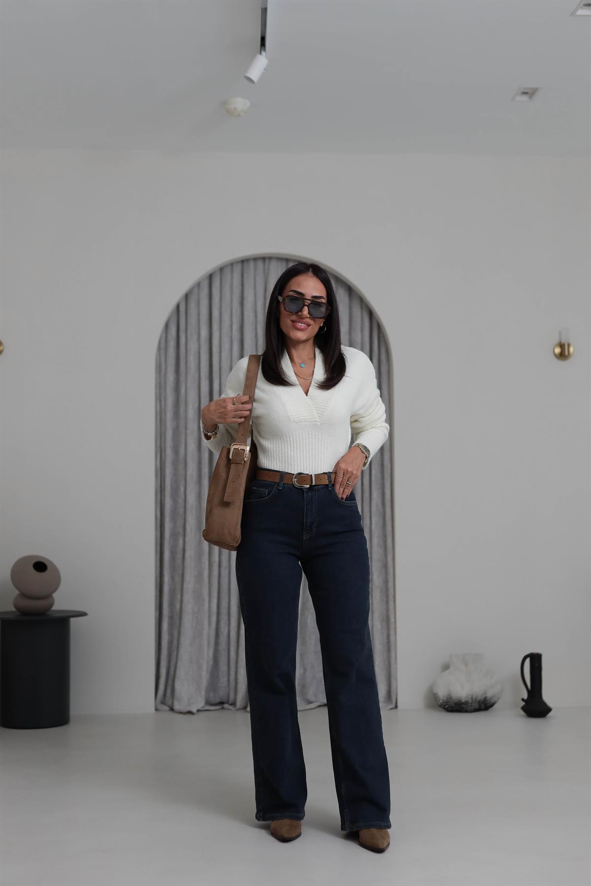 D-881 Yüksek Bel Kemerli Wide Leg Jean KOYU MAVİ