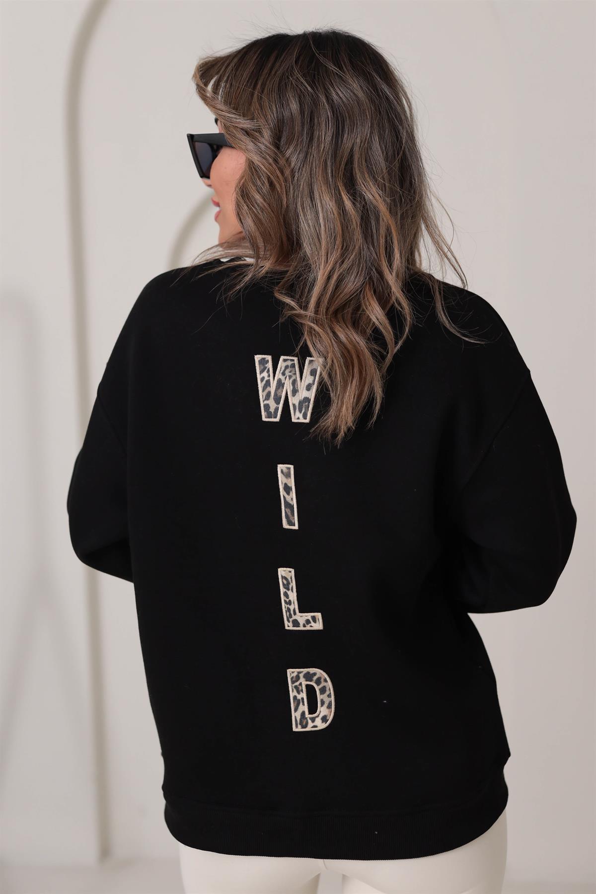 5617 Leopar Nakış Yarım Fermuarlı Şardonlu Sweatshirt SİYAH