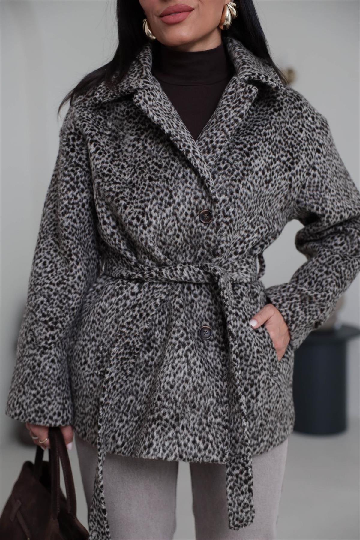 L0646 Desenli Kuşaklı Kaşe Ceket KAHVE