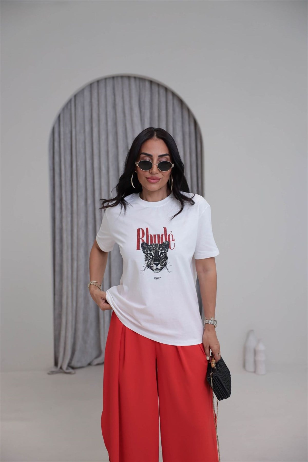 4305 Leopar Baskılı Pamuklu Tshirt BEYAZ