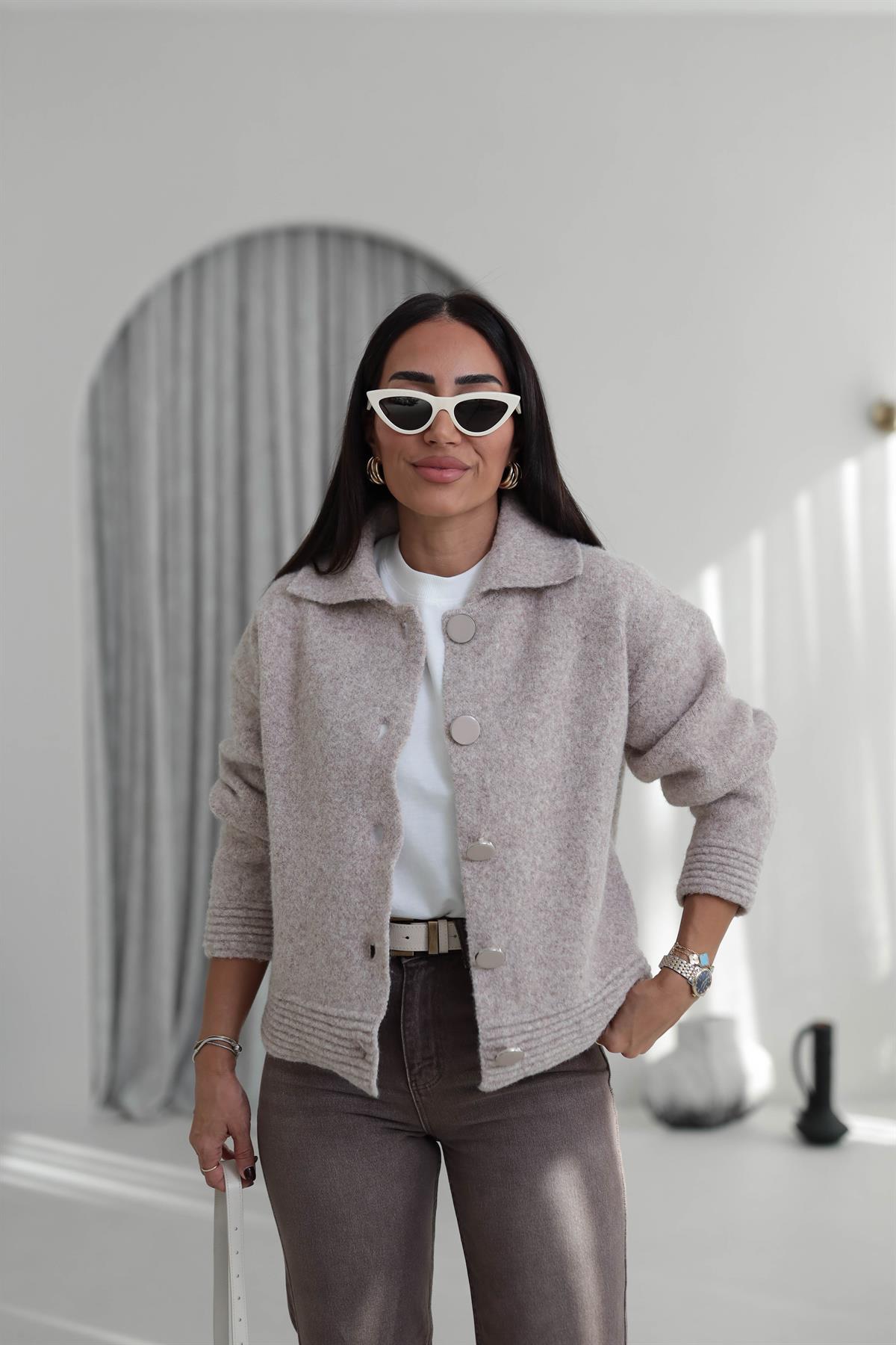 5086 Büyük Düğmeli Polo Yaka Hırka Ceket VİZON