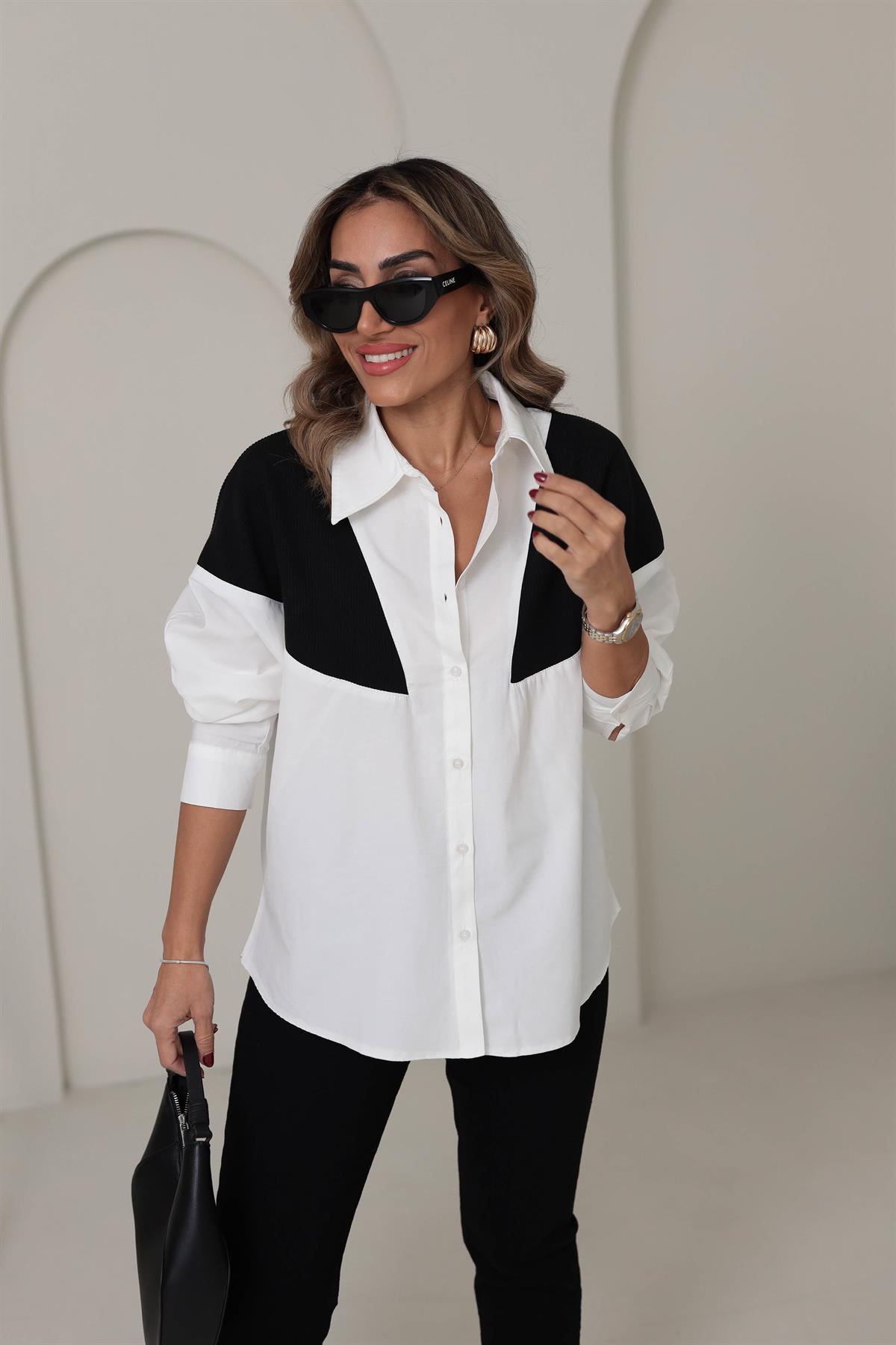 8034 Triko Garnili Poplin Gömlek SİYAH