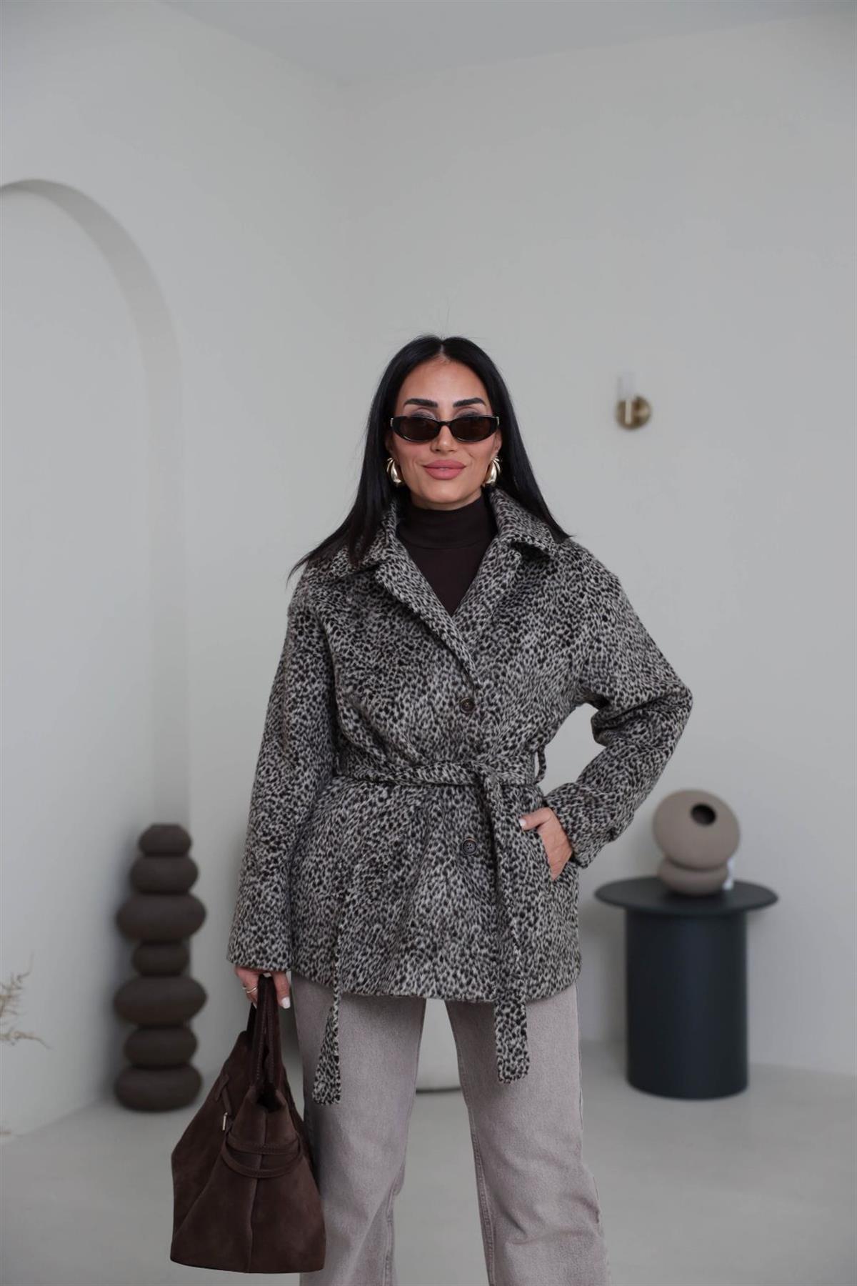 L0646 Desenli Kuşaklı Kaşe Ceket KAHVE