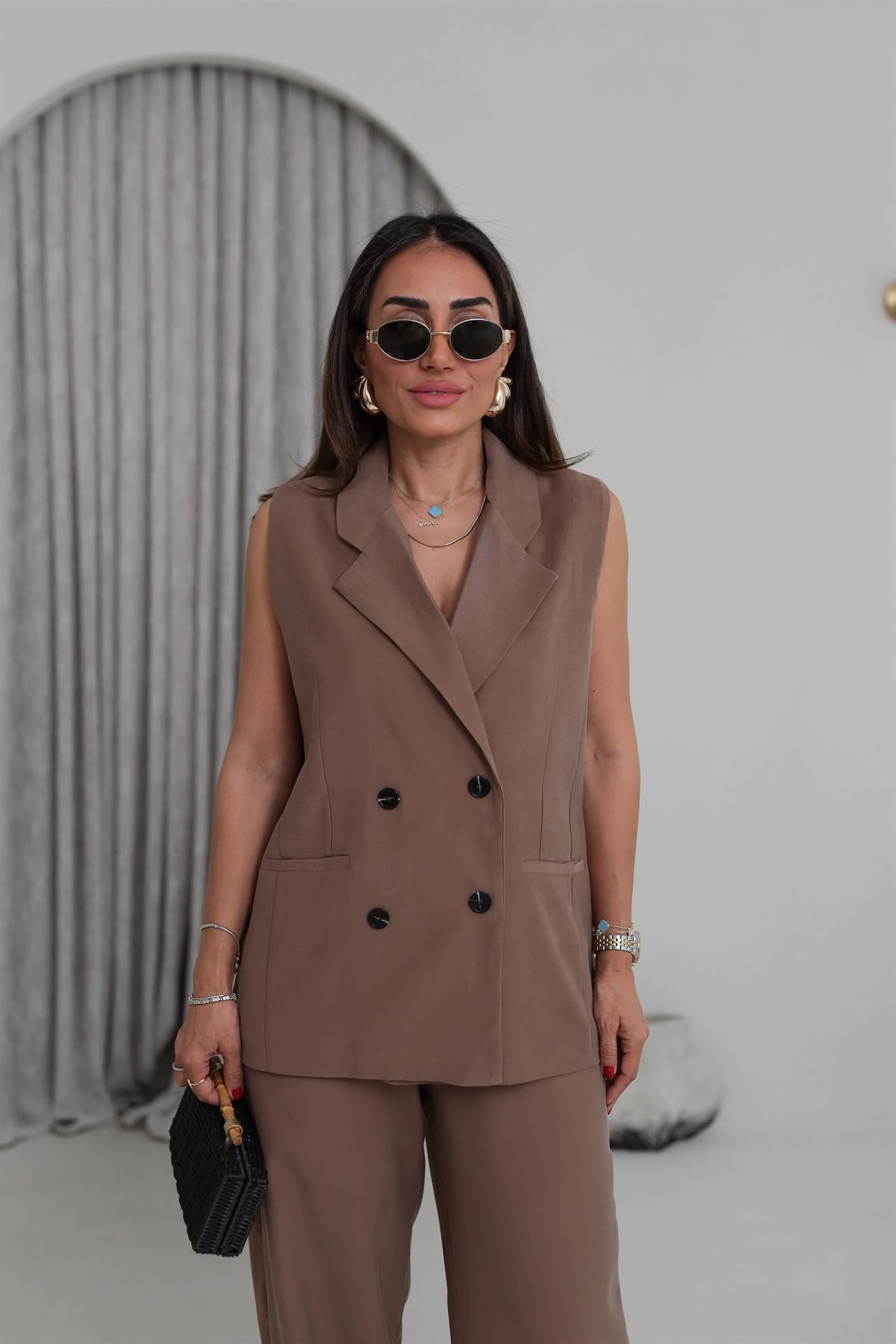 0382 Kruvaze Yaka Yelek Pantolon Tencel Takım KAHVE