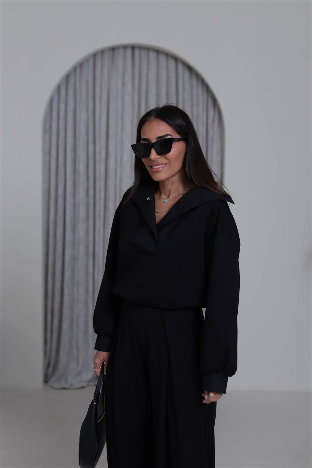 6720 Poplin Yaka Altı Lastikli Sweatshirt SİYAH