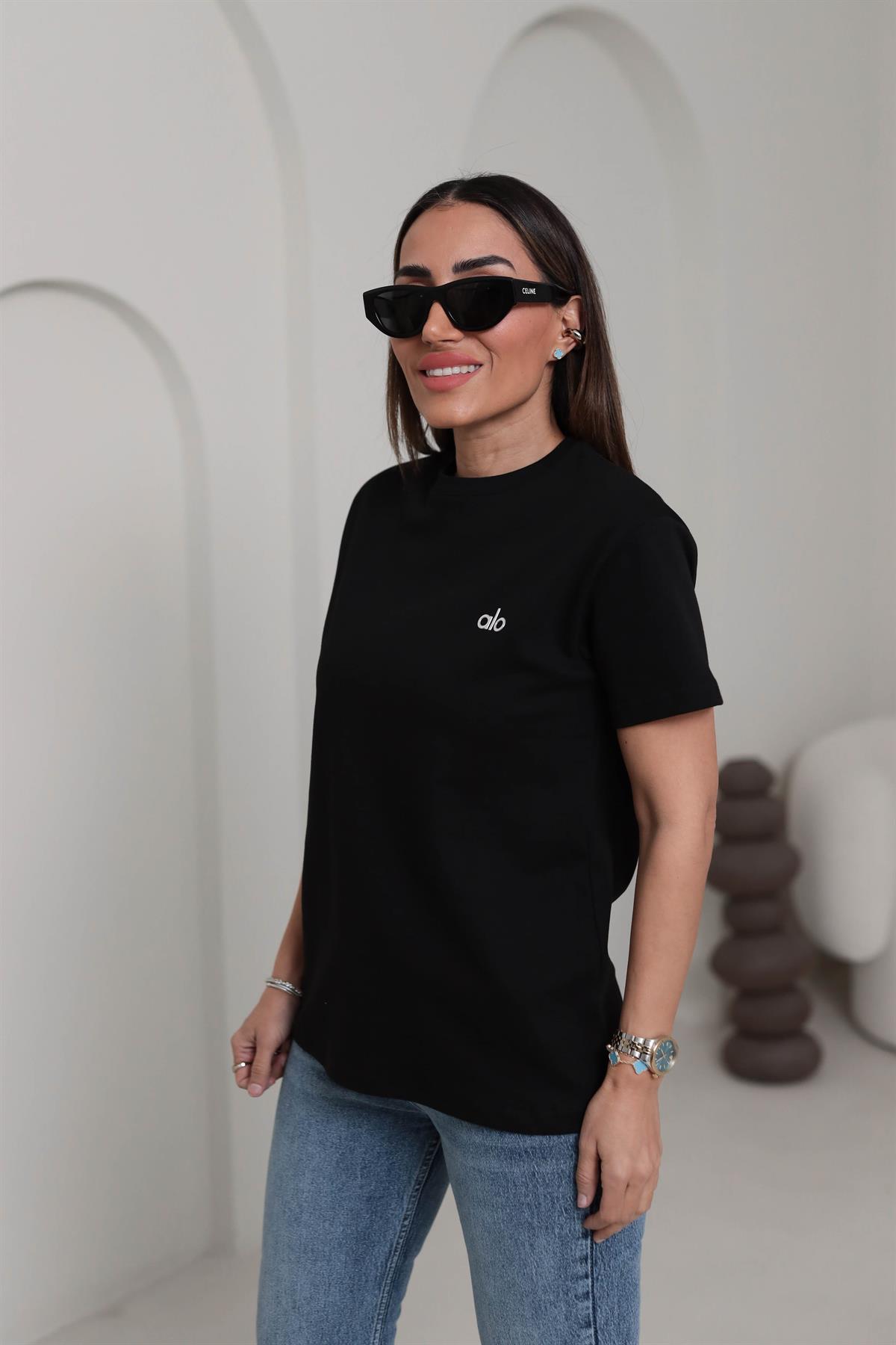 1022 Bisiklet Yaka Gümüş Yazı Detaylı Tshirt SİYAH