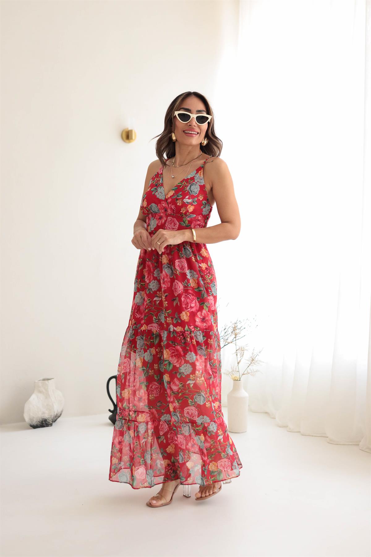 3523 İp Askılı Desenli Sırtı Gipeli Elbise