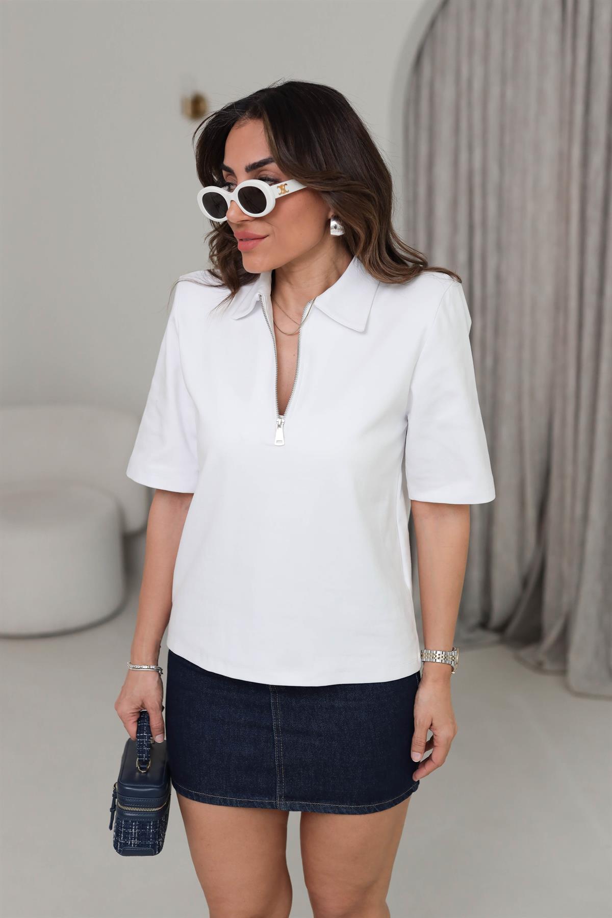 1008 Polo Yaka Fermuarlı Tshirt BEYAZ