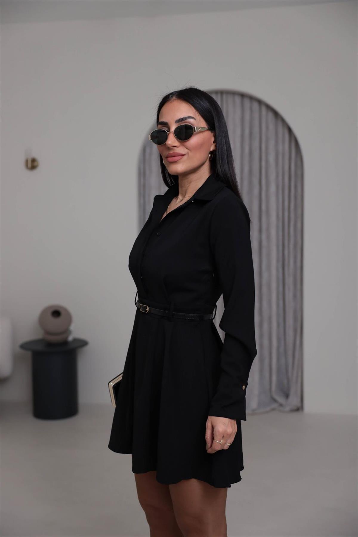 8271 Pensli İnce Kemerli Gömlek Yaka Elbise SİYAH