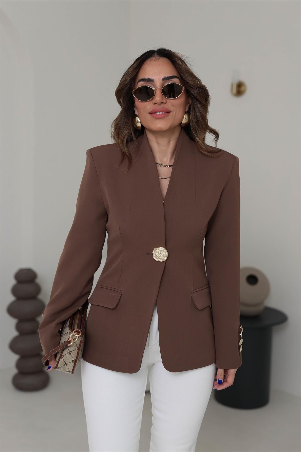 1171 Hakim Yaka Gold Düğme Detaylı Blazer Ceket KAHVE
