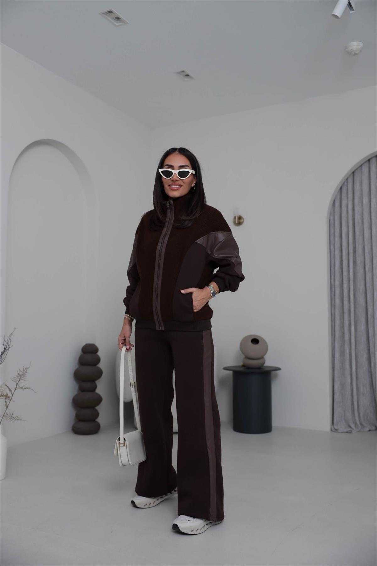 6961 Triko Deri Garnili Tasarım Takım KAHVE