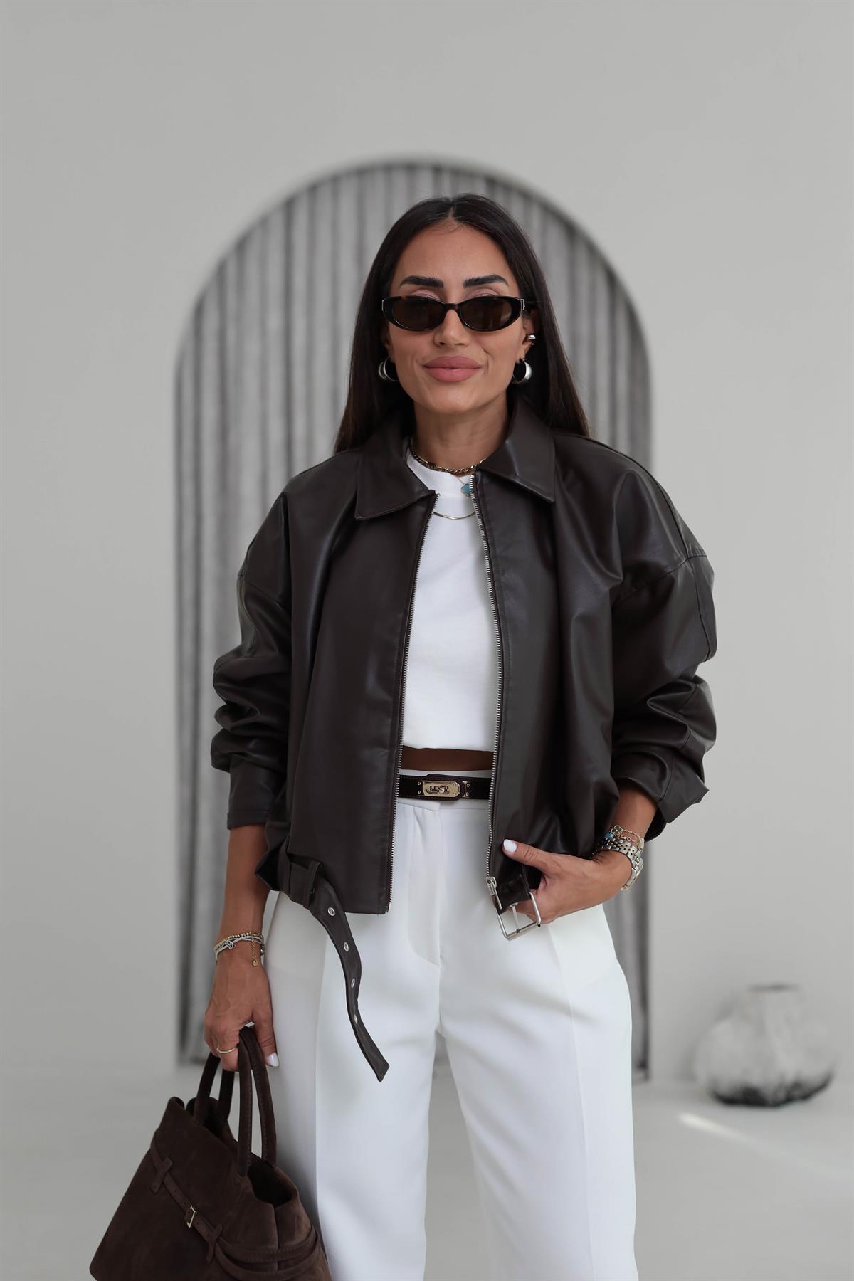 3137 Kemer Detaylı Fermuarlı Deri Ceket ACI KAHVE