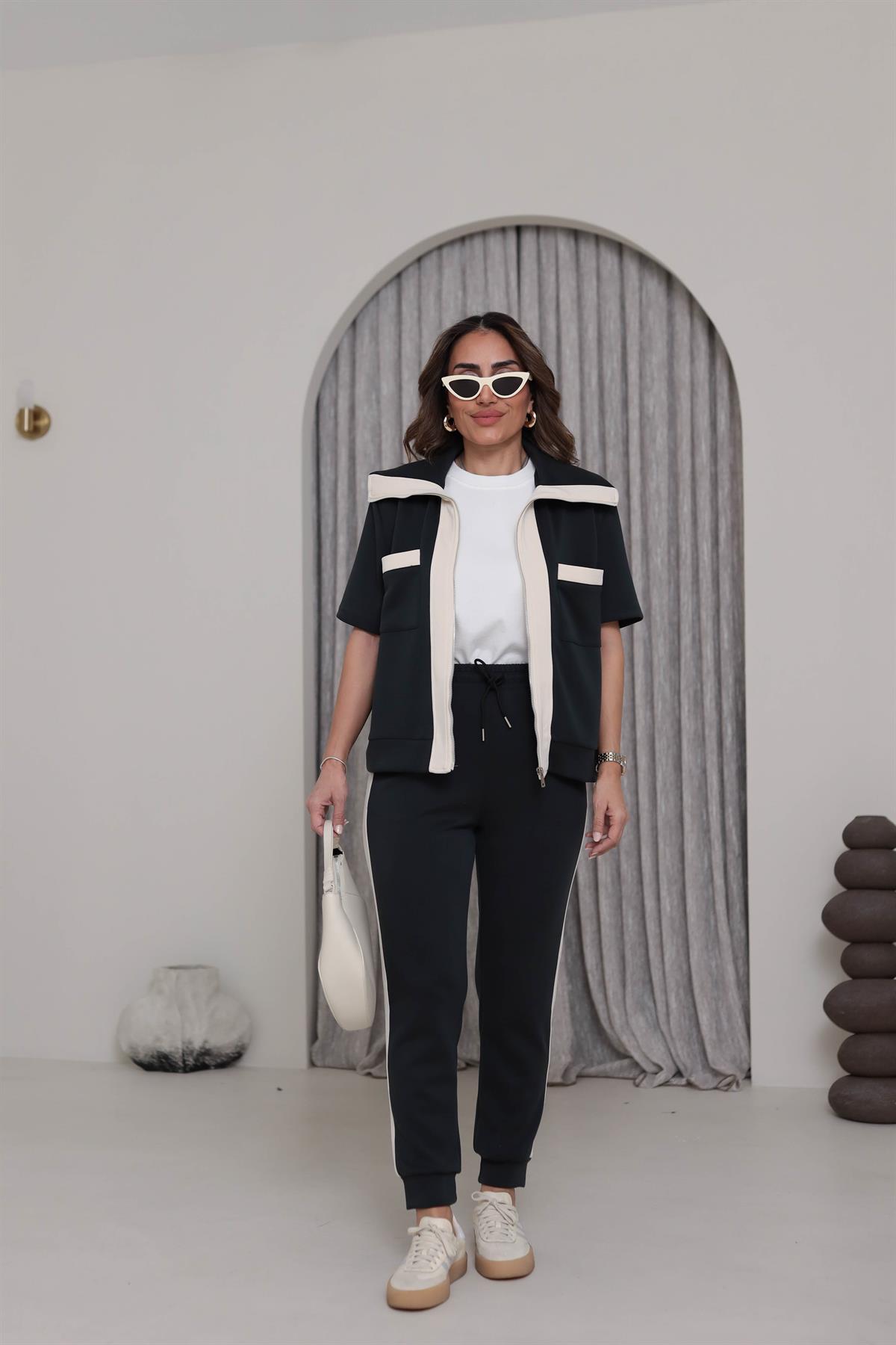 5712 Kısa Kol Fermuarlı Kontrastlı Modal Takım SİYAH-EKRU