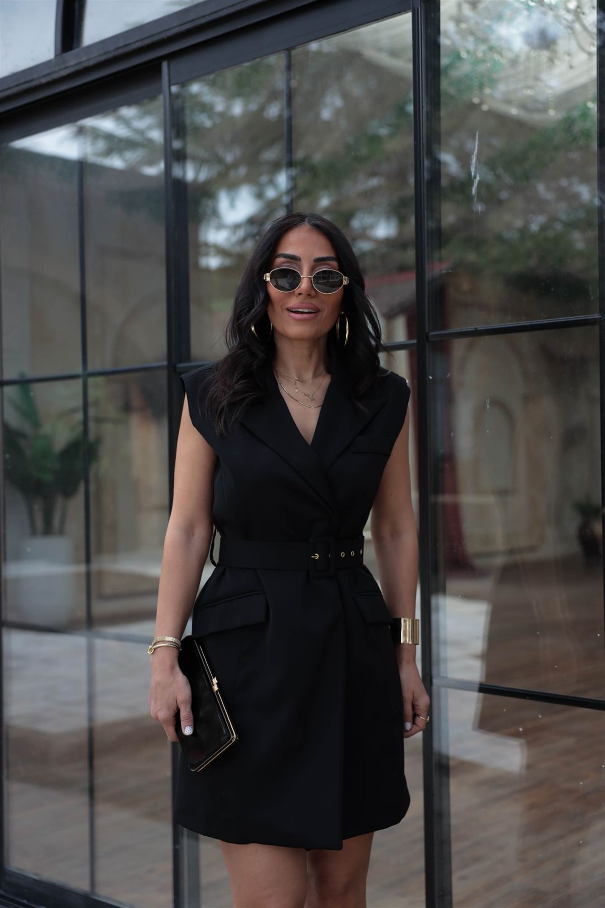 7281 Beli Kemerli Mini Elbise SİYAH