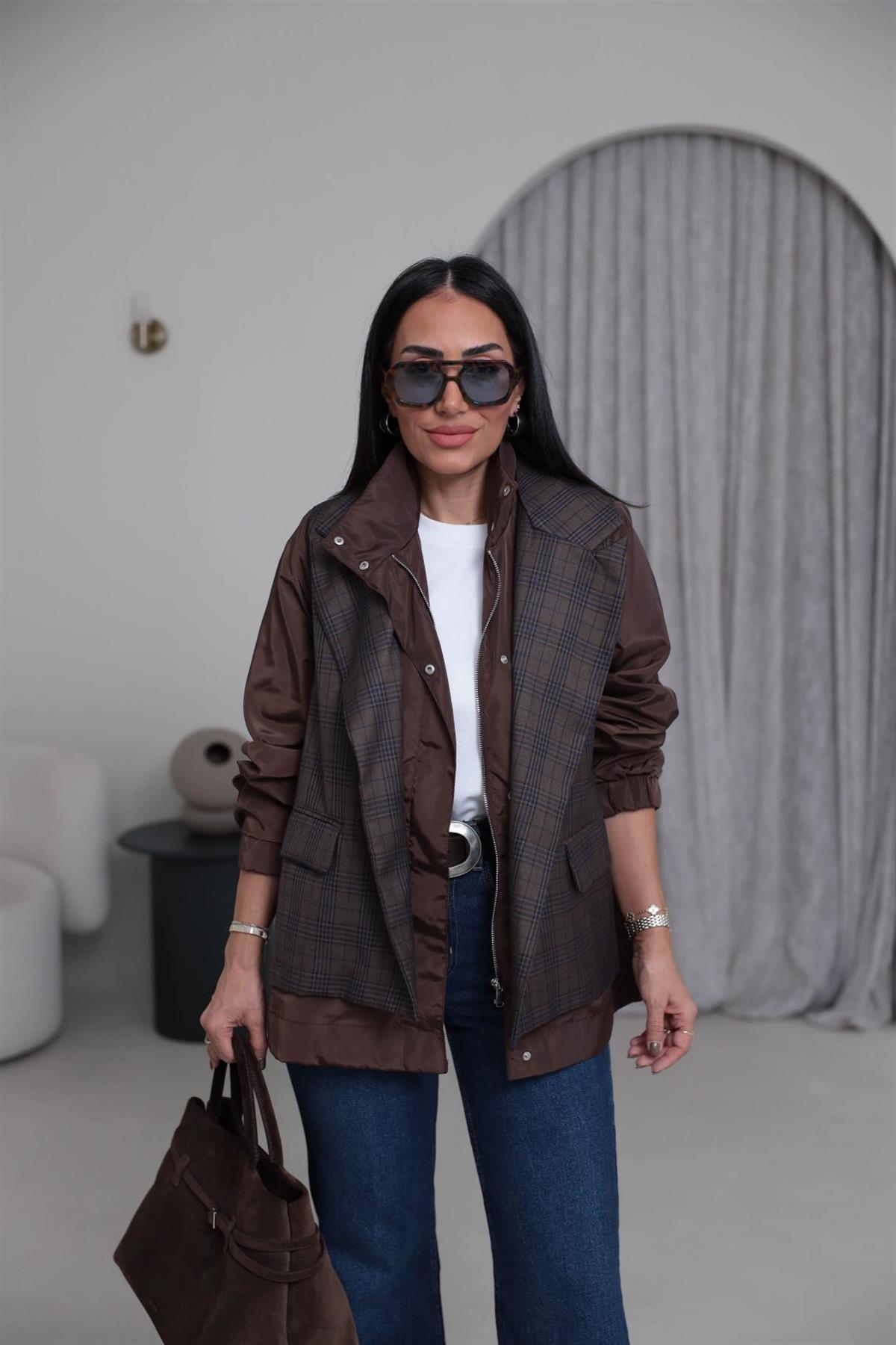 6927 Ekose Ceket Görünümlü Dik Yaka Paraşüt Yağmurluk ACI KAHVE