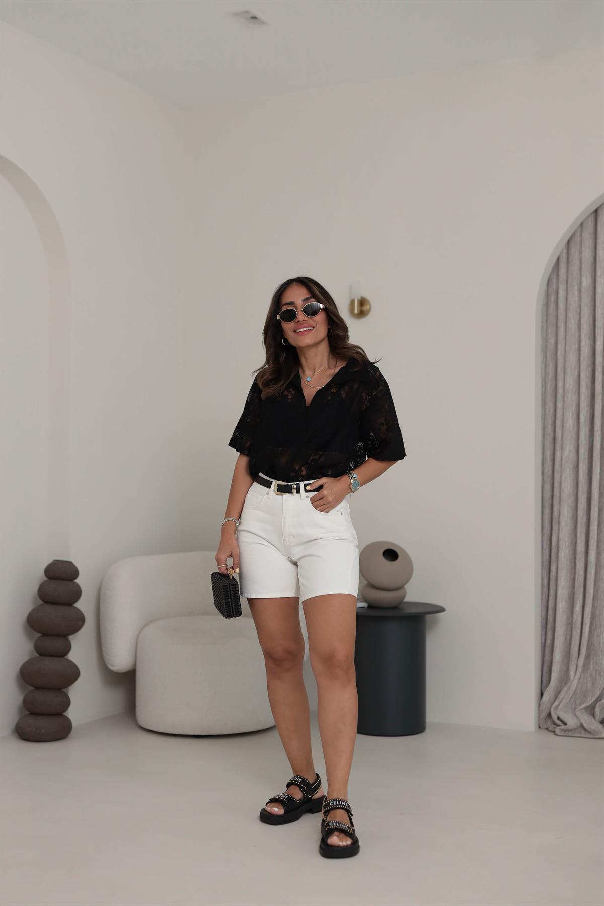 9865 Gömlek Yaka Kısa Kol Dantel Bluz SİYAH