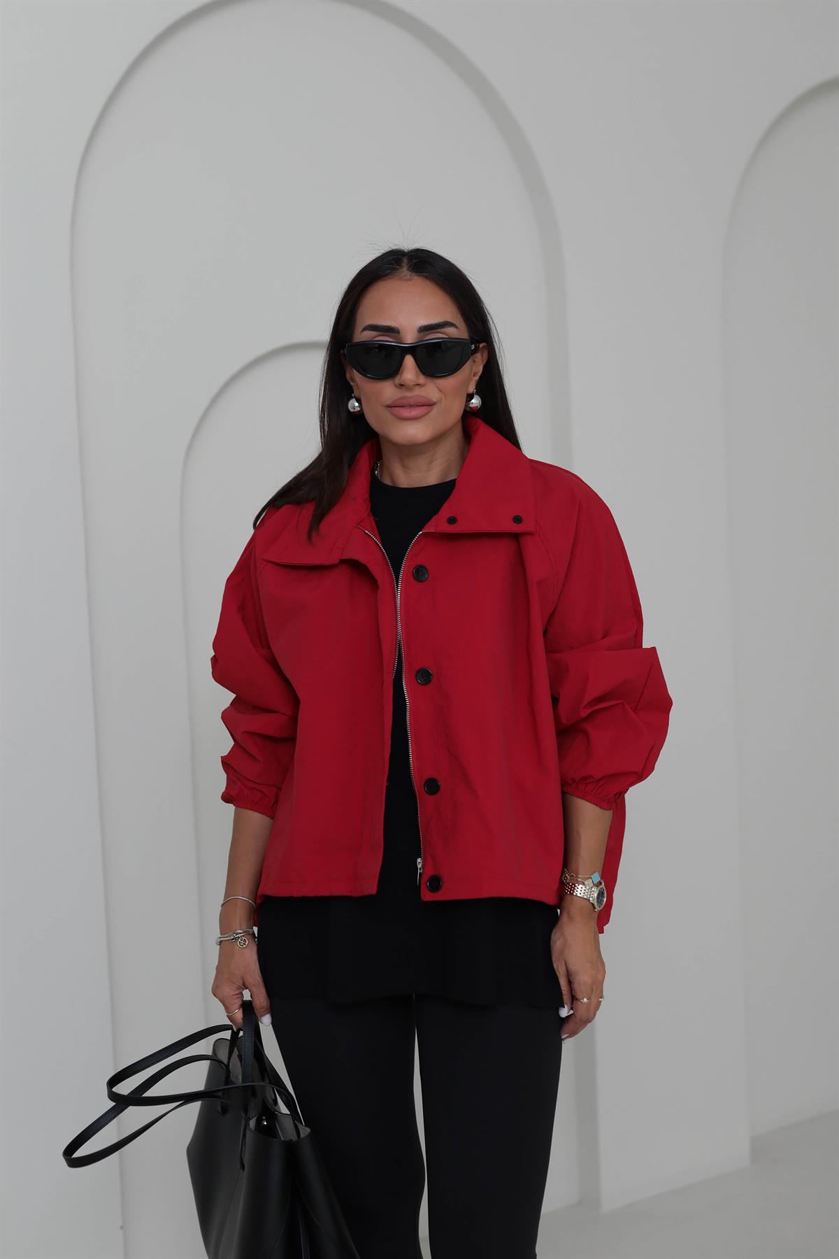 6721 Dik Yaka Düğmeli Fermuarlı Bomber Ceket KIRMIZI